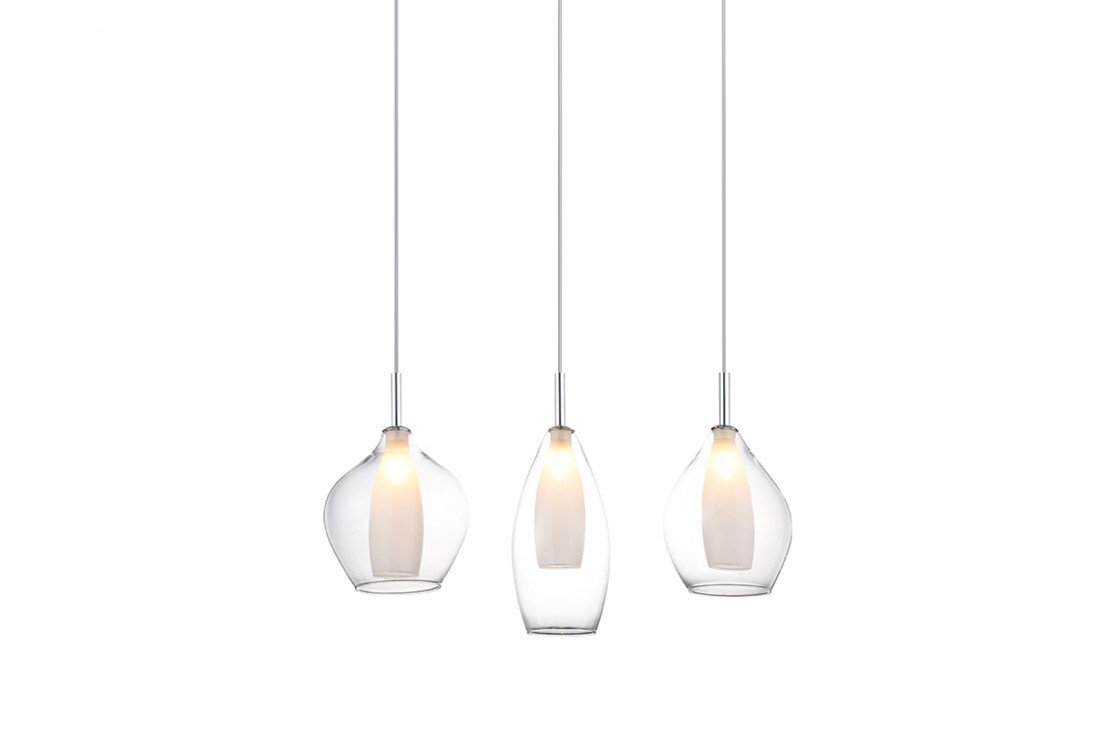 Trzy wiszące lampy z przezroczystymi kloszami o różnych kształtach, każda z widocznym źródłem światła wewnątrz. Lampy zawieszone są na cienkich przewodach.