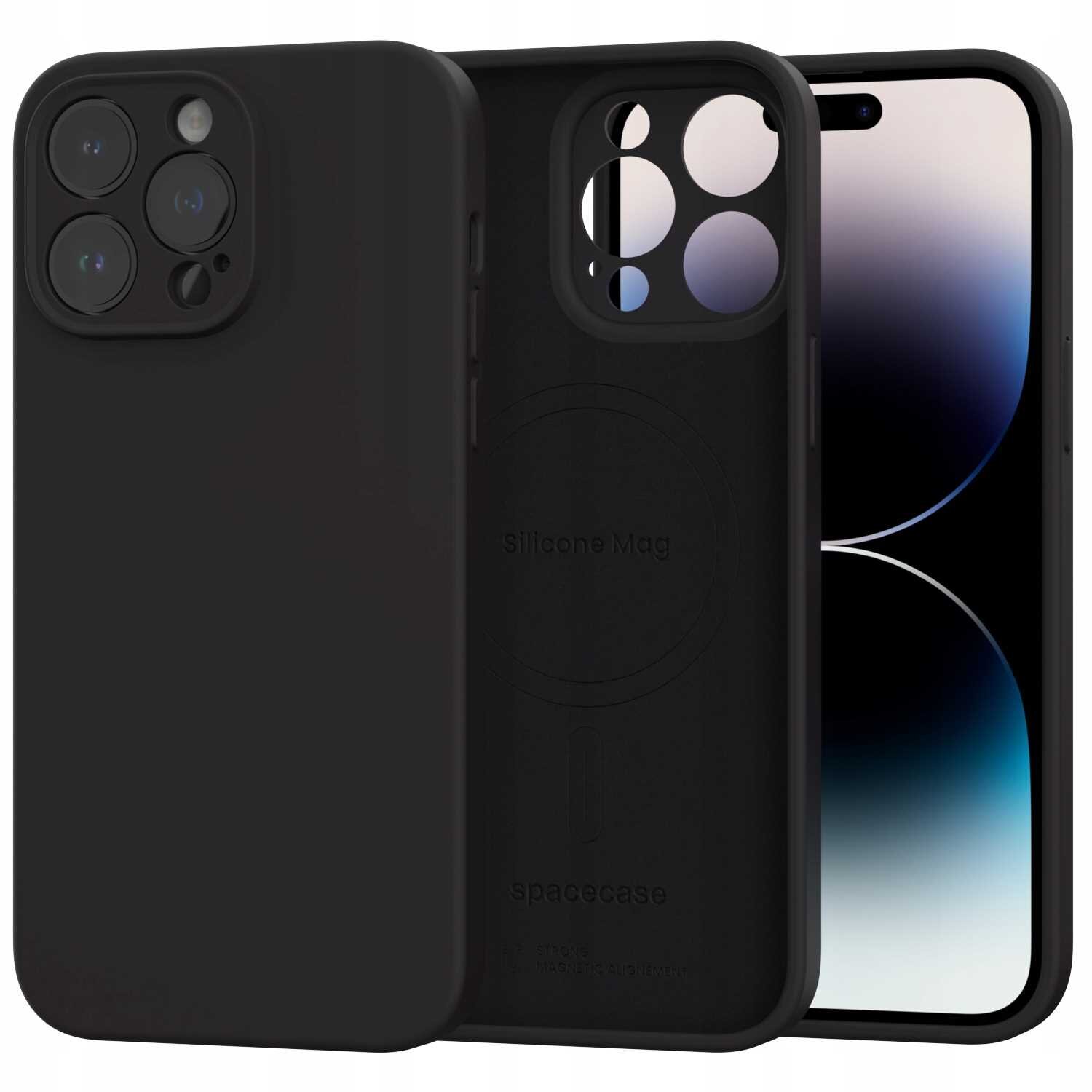 Czarne silikonowe etui magnetyczne z wycięciami na aparat i logo \'Silicone Mag\' oraz \'spacecase\'.