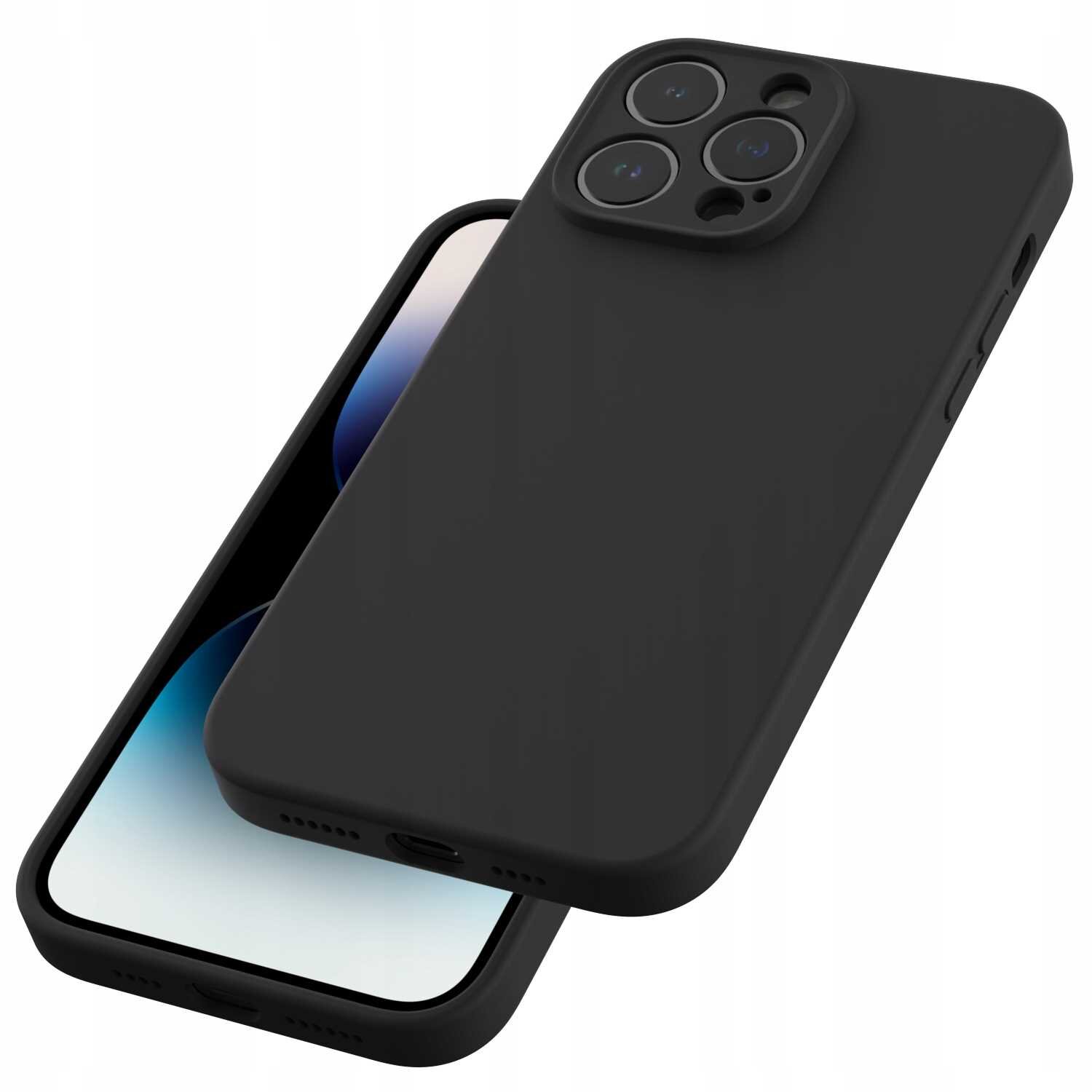 Czarne silikonowe etui na telefon z trzema otworami na aparaty fotograficzne. Telefon w etui jest widoczny z przodu i z tyłu.