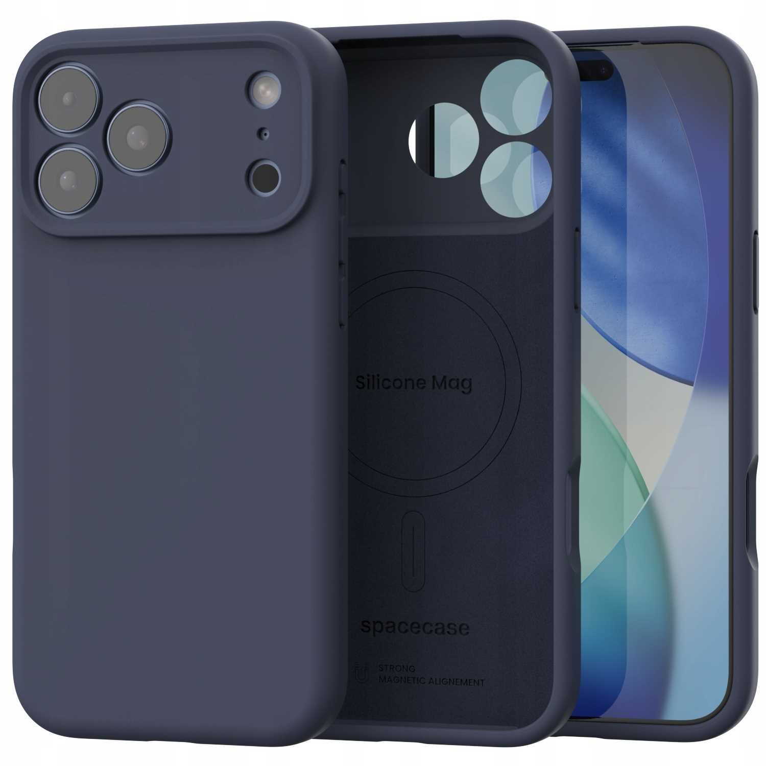 Na obrazie widoczne jest niebieskie silikonowe etui magnetyczne z trzema dużymi otworami na aparaty oraz napisem \'Silicone Mag\' i \'spacecase\' wewnątrz. Etui jest przeznaczone do iPhone 17 Pro.