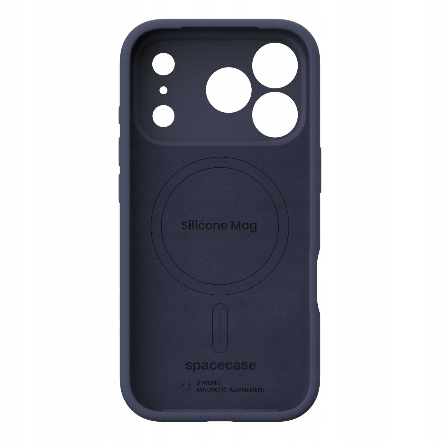 Niebieskie silikonowe etui z wycięciami na aparat i napisem \'Silicone Mag\' oraz \'spacecase\'.