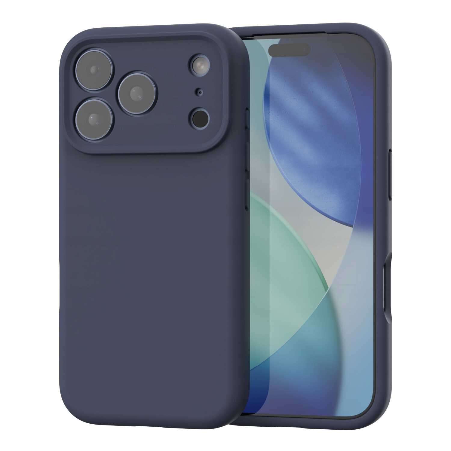 Niebieskie silikonowe etui magnetyczne z trzema otworami na aparaty i dodatkowymi otworami na inne elementy telefonu. Etui jest przeznaczone do iPhone 17 Pro i posiada funkcję MagSafe.