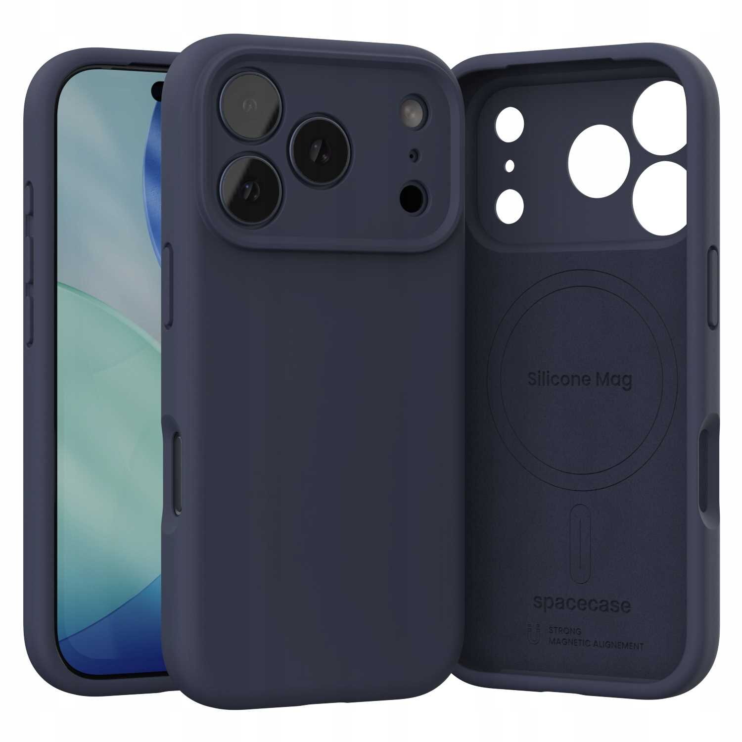Na obrazie widoczne jest niebieskie silikonowe etui magnetyczne z trzema otworami na aparaty oraz napisem \'Silicone Mag\' i \'spacecase\'.