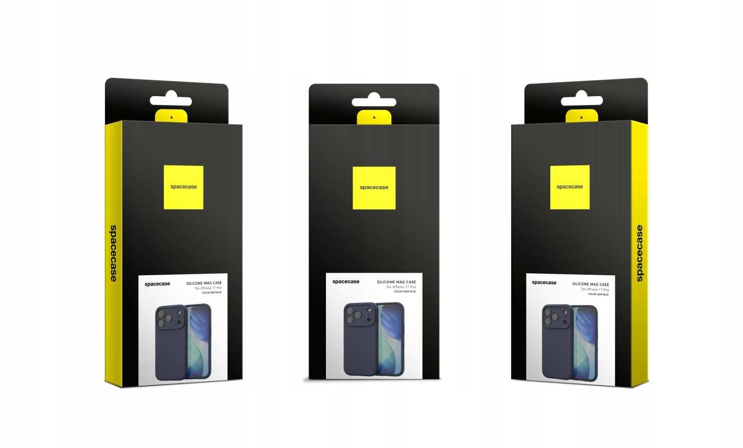 Trzy opakowania produktu z logo \'spacecase\' na czarnym tle z żółtymi elementami. Na każdym opakowaniu widoczny jest obrazek niebieskiego etui na telefon oraz napis \'SILICONE MAG CASE WITH MAGSAFE\'.
