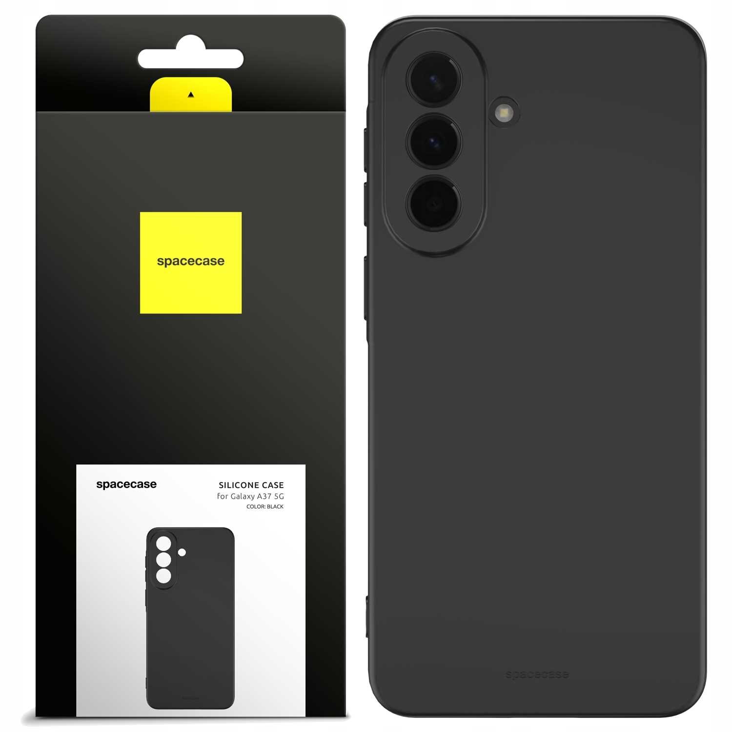 Obraz przedstawia czarne silikonowe etui na telefon z trzema otworami na aparaty. Opakowanie produktu zawiera logo \'spacecase\' oraz napis \'SILICONE CASE for Galaxy A37 5G COLOR: BLACK\'.