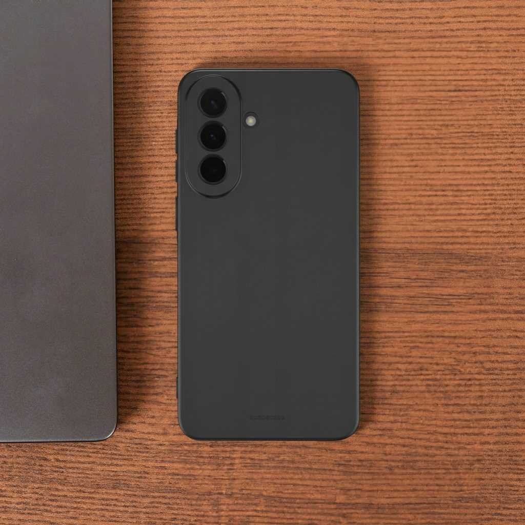 Czarne silikonowe etui na telefon z trzema otworami na aparaty i jednym na lampę błyskową, leży na drewnianej powierzchni obok ciemnego laptopa.