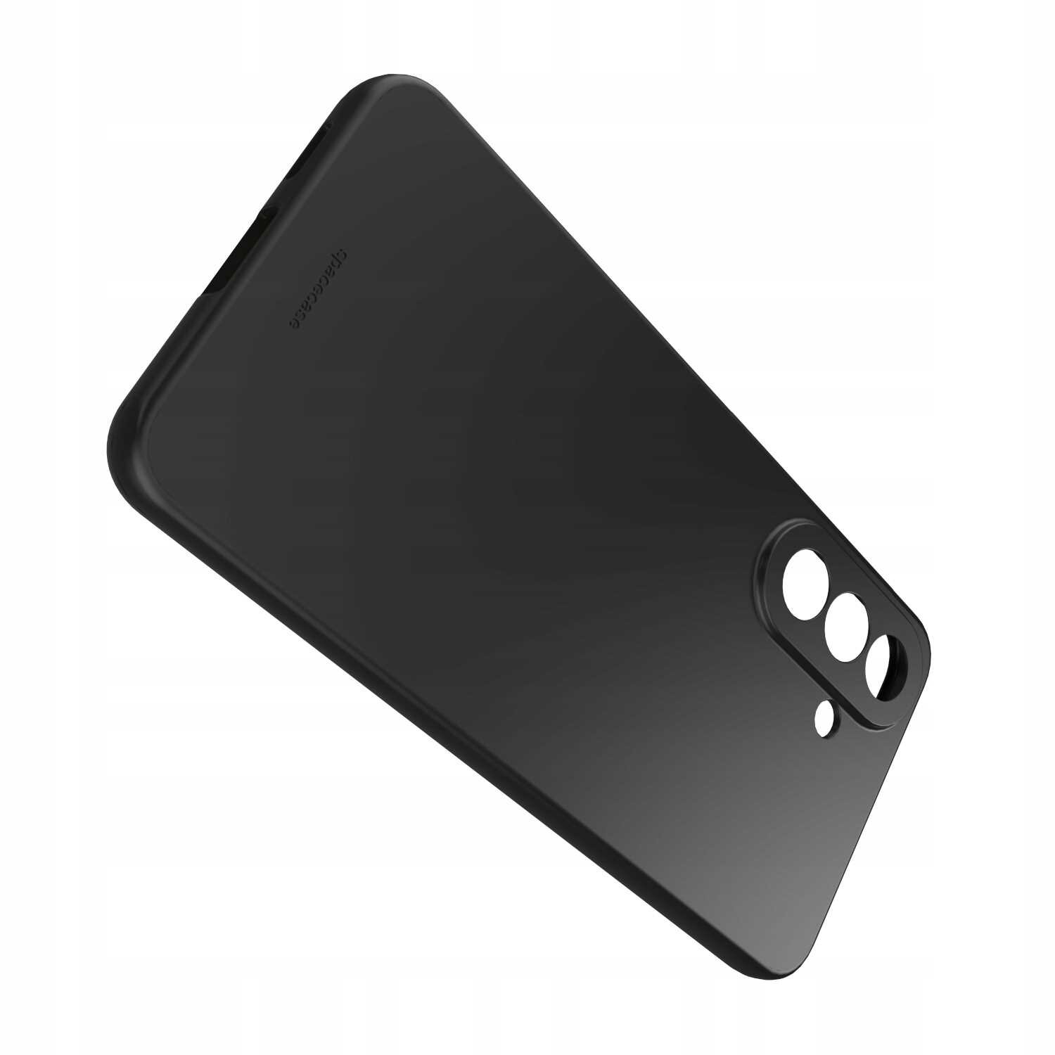 Czarne silikonowe etui z wycięciami na aparat, widoczne logo \'spacecase\'.