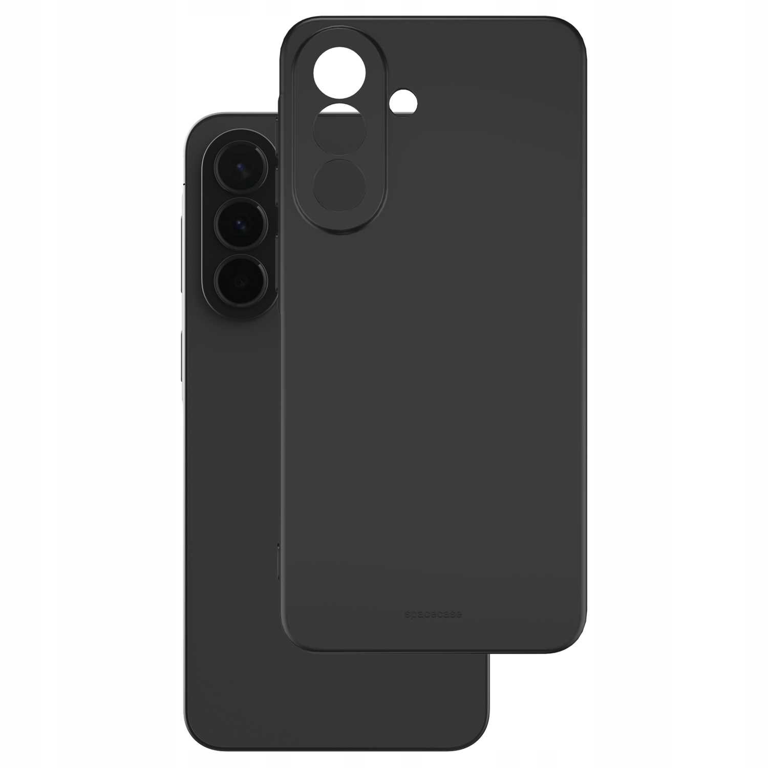 Czarne silikonowe etui z wycięciami na aparat i przyciski, widoczne na tle telefonu. Na etui znajduje się napis \'SPACECASE\'.
