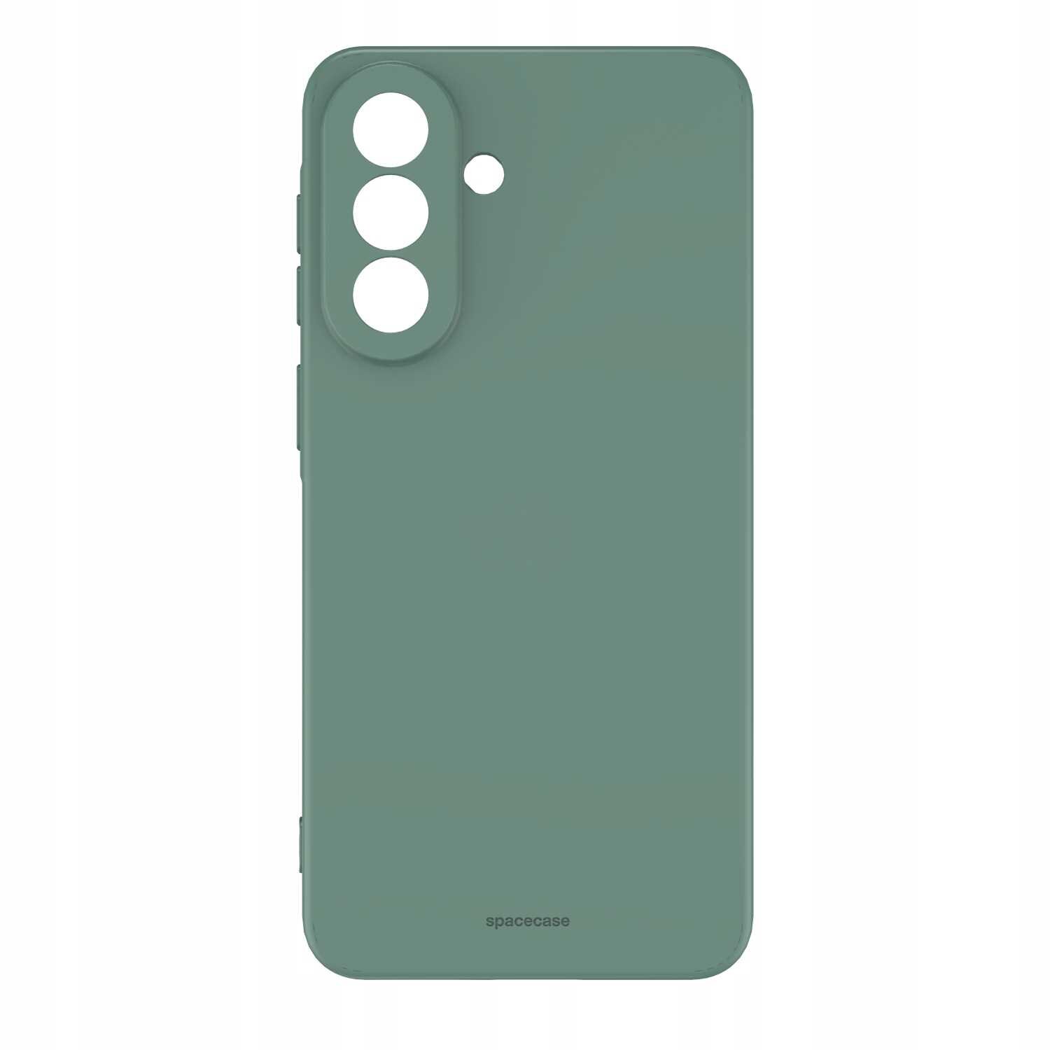 Zielone silikonowe etui z trzema okrągłymi otworami na aparat i napisem \'spacecase\' na dole.
