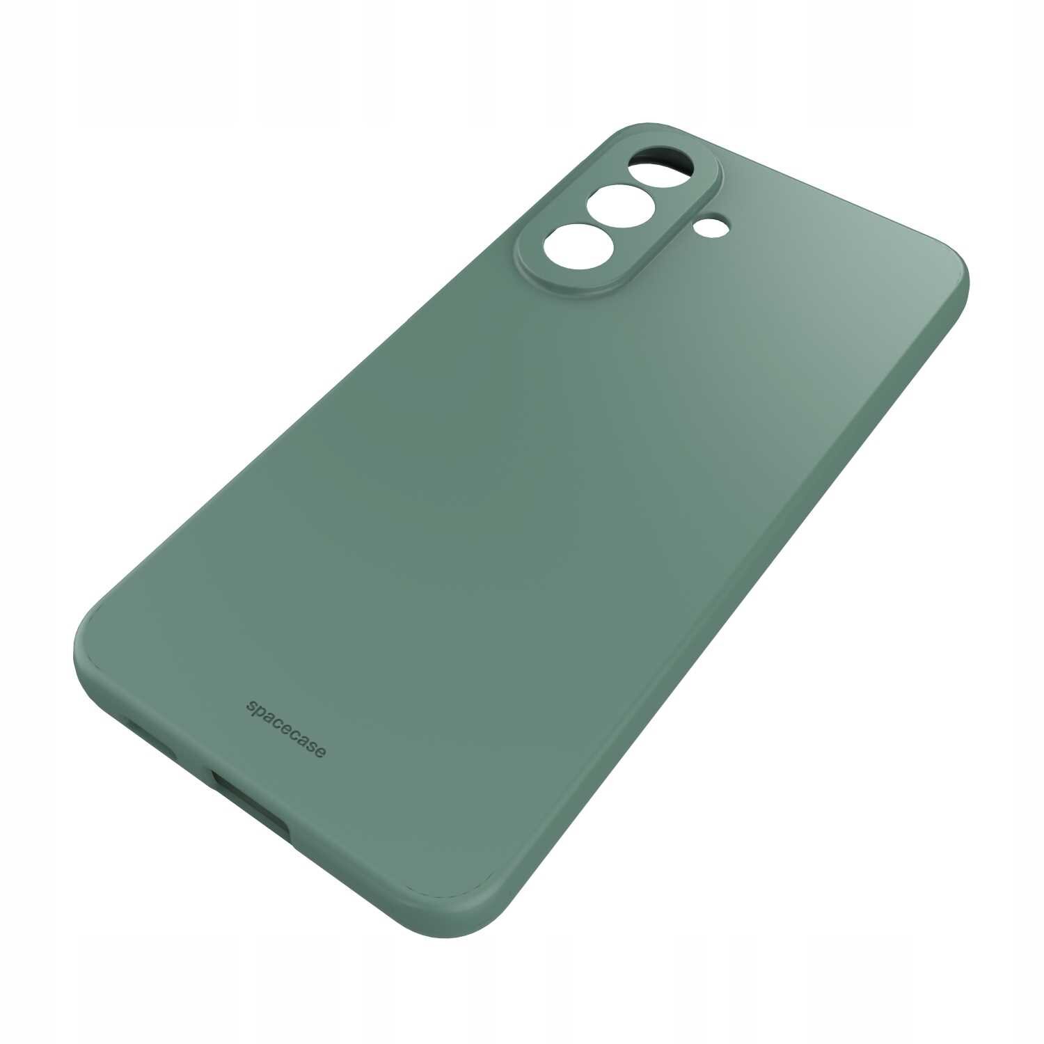 Zielone silikonowe etui z wycięciami na aparat i logo \'spacecase\' na dole. Etui ma gładką powierzchnię i jest przeznaczone do telefonu.