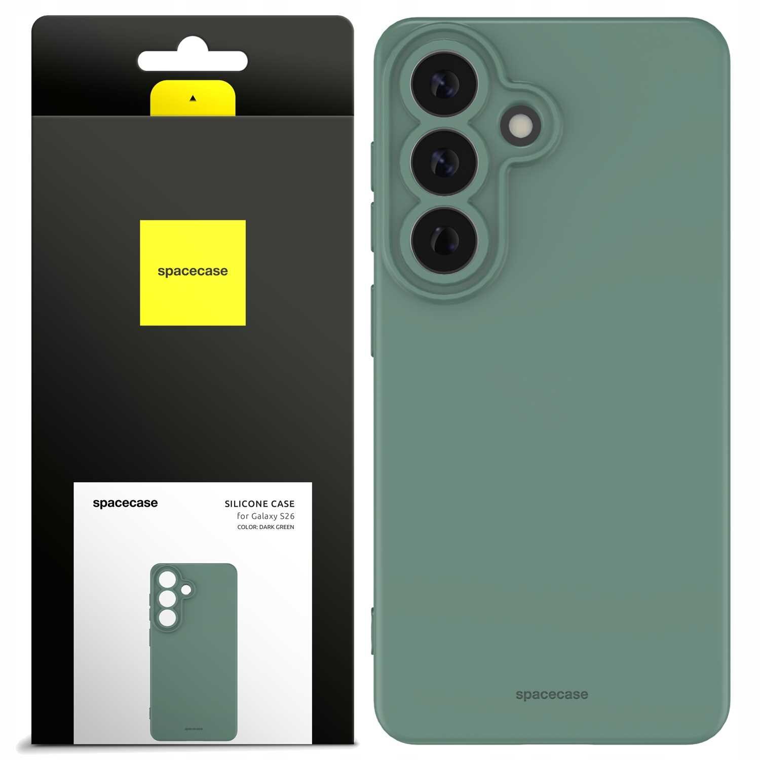Obraz przedstawia zielone silikonowe etui na telefon z trzema otworami na aparaty. Obok znajduje się opakowanie z logo \'spacecase\' i napisem \'SILICONE CASE for Galaxy S26 COLOR: DARK GREEN\'.