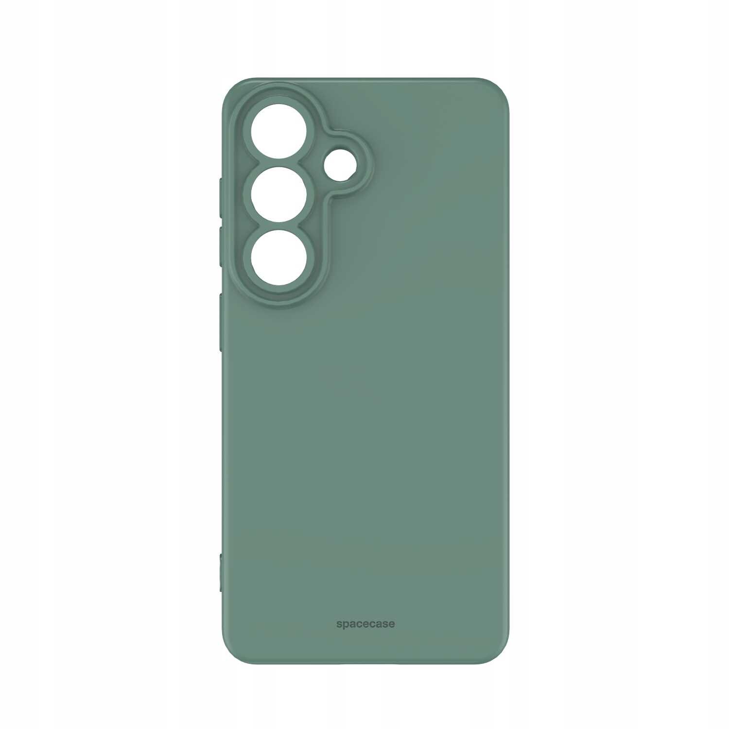 Zielone silikonowe etui z wycięciami na aparat i logo \'spacecase\' na dole.