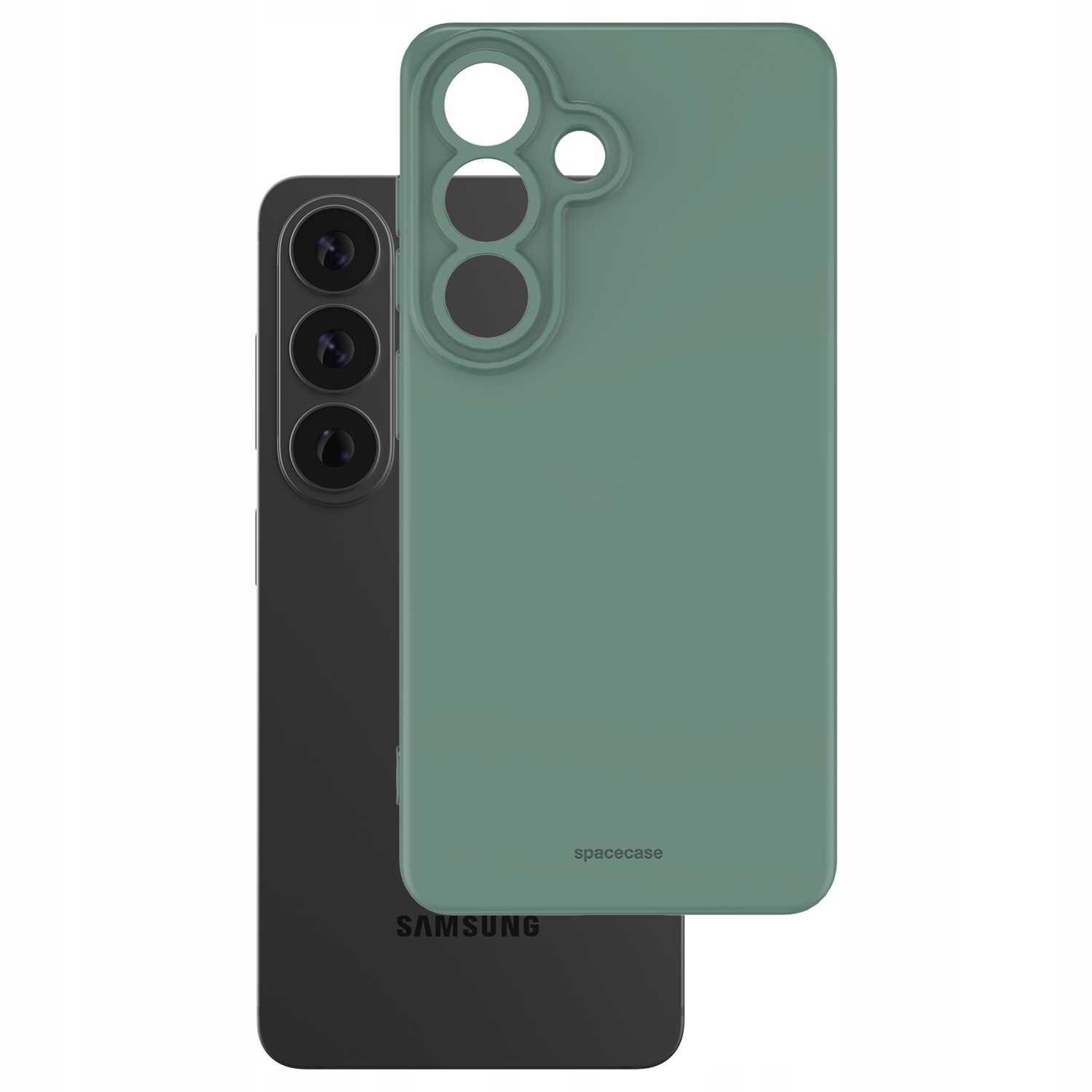 Zielone silikonowe etui z trzema otworami na aparaty i napisem \'spacecase\' obok czarnego telefonu z trzema obiektywami i logo \'SAMSUNG\'.