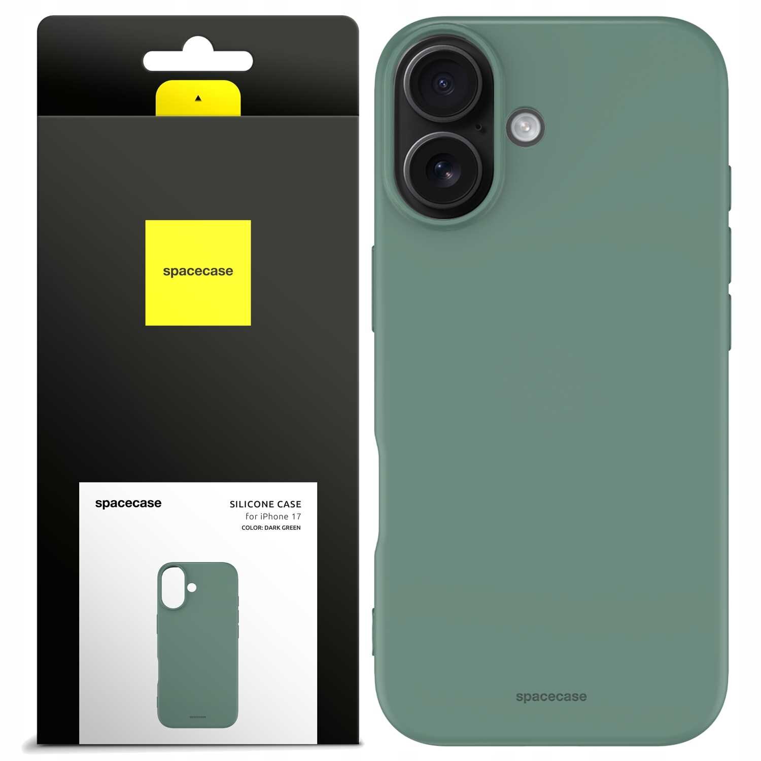 Obraz przedstawia zielone silikonowe etui na telefon z dwoma otworami na aparat. Obok znajduje się opakowanie z logo \'spacecase\' i napisem \'SILICONE CASE for iPhone 17 COLOR: DARK GREEN\'.