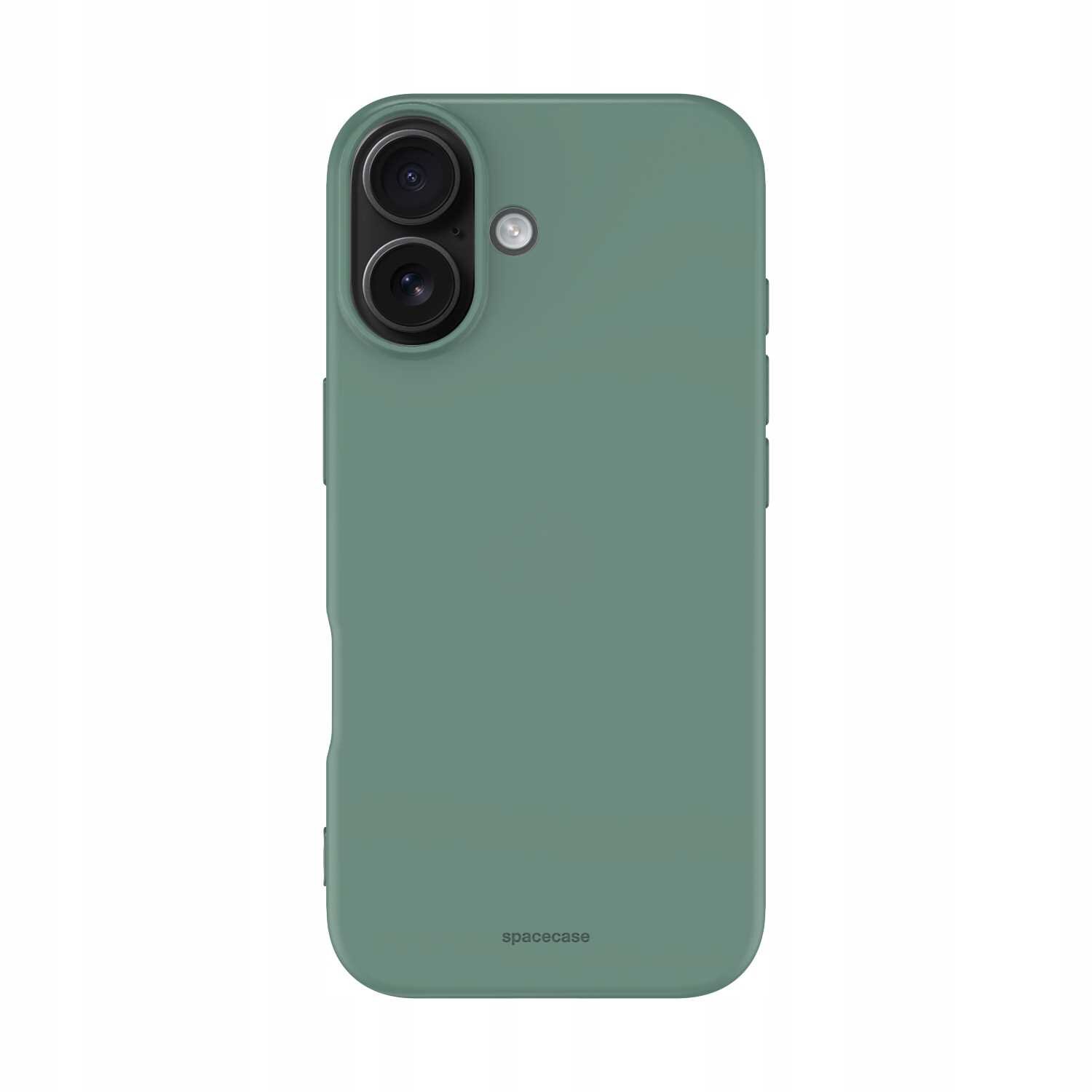 Zielone silikonowe etui na telefon z dwoma otworami na aparat i napisem \'spacecase\' na dole. Etui ma gładką powierzchnię i wycięcie na lampę błyskową.