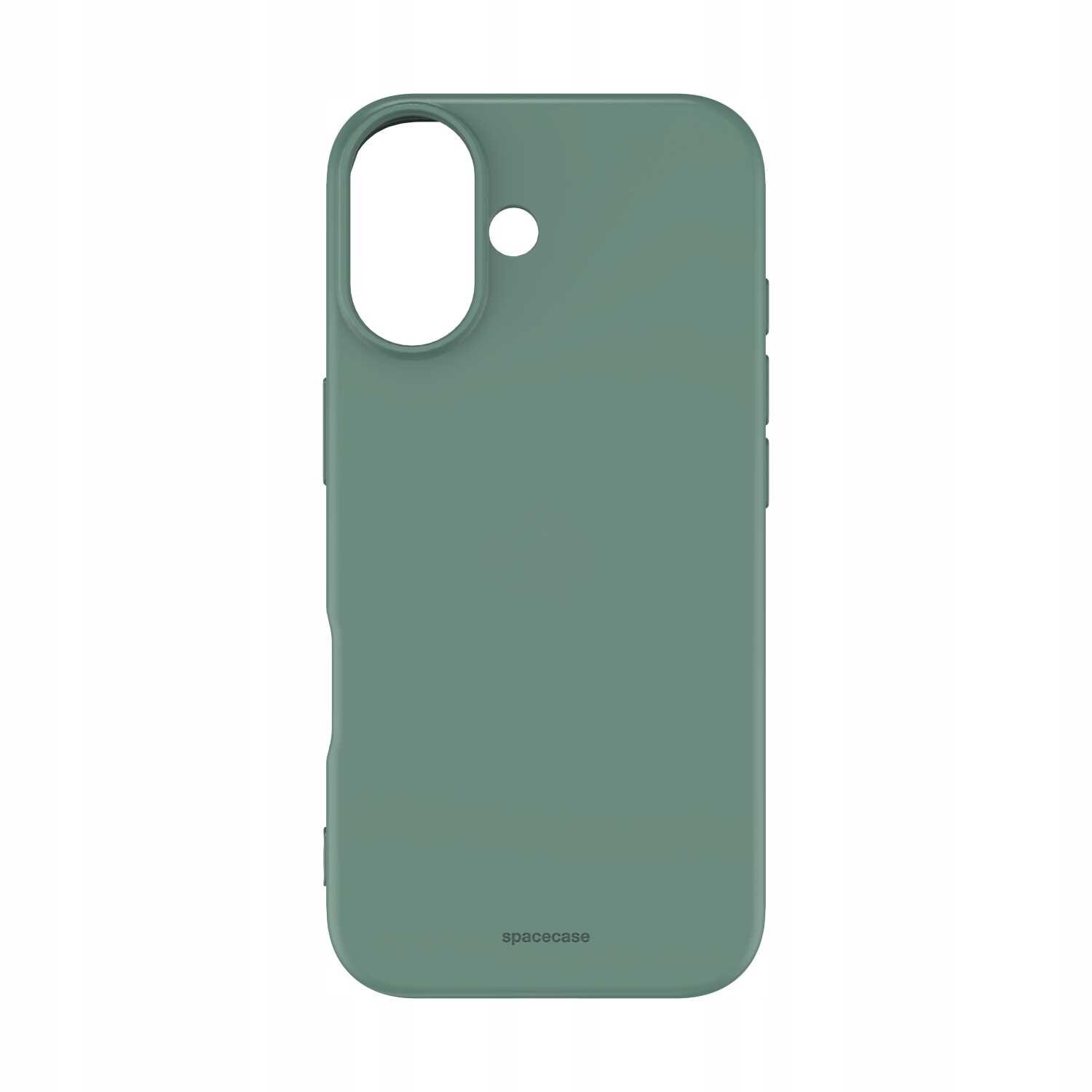 Zielone silikonowe etui z wycięciem na aparat i logo \'spacecase\' na dole.