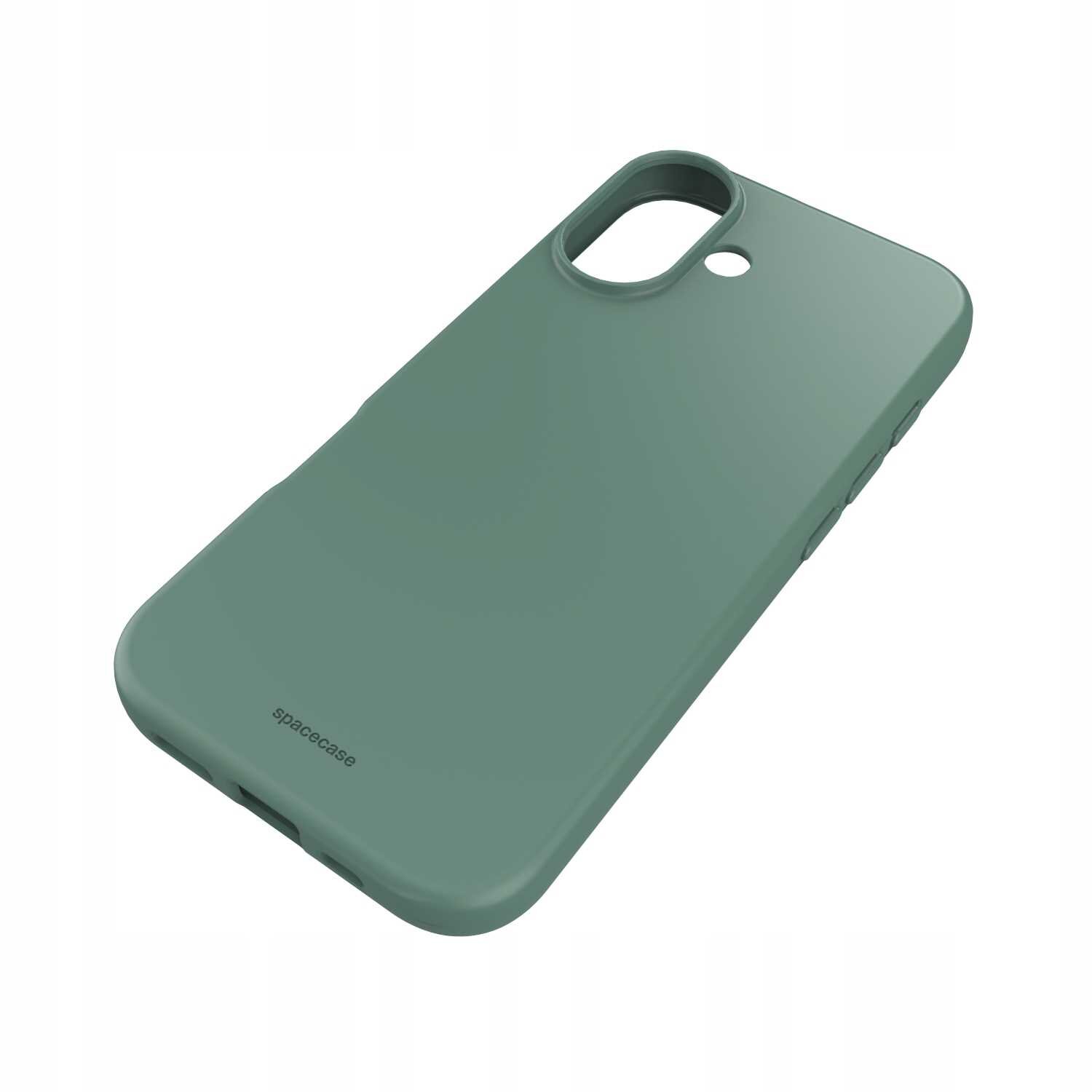 Zielone silikonowe etui z wycięciem na aparat i logo \'spacecase\' na dole.
