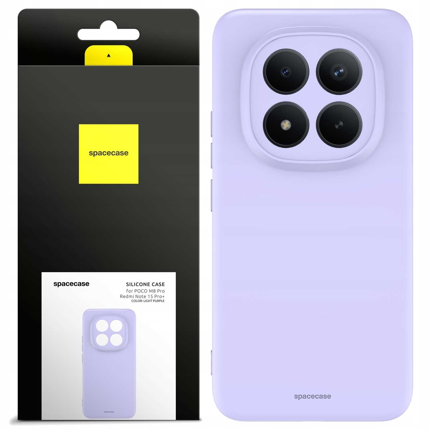 Fioletowe silikonowe etui z czterema okrągłymi wycięciami na aparat. Opakowanie z logo \'spacecase\' i opisem: \'SILICONE CASE for POCO M8 Pro Redmi Note 15 Pro+ COLOR: LIGHT PURPLE\'.