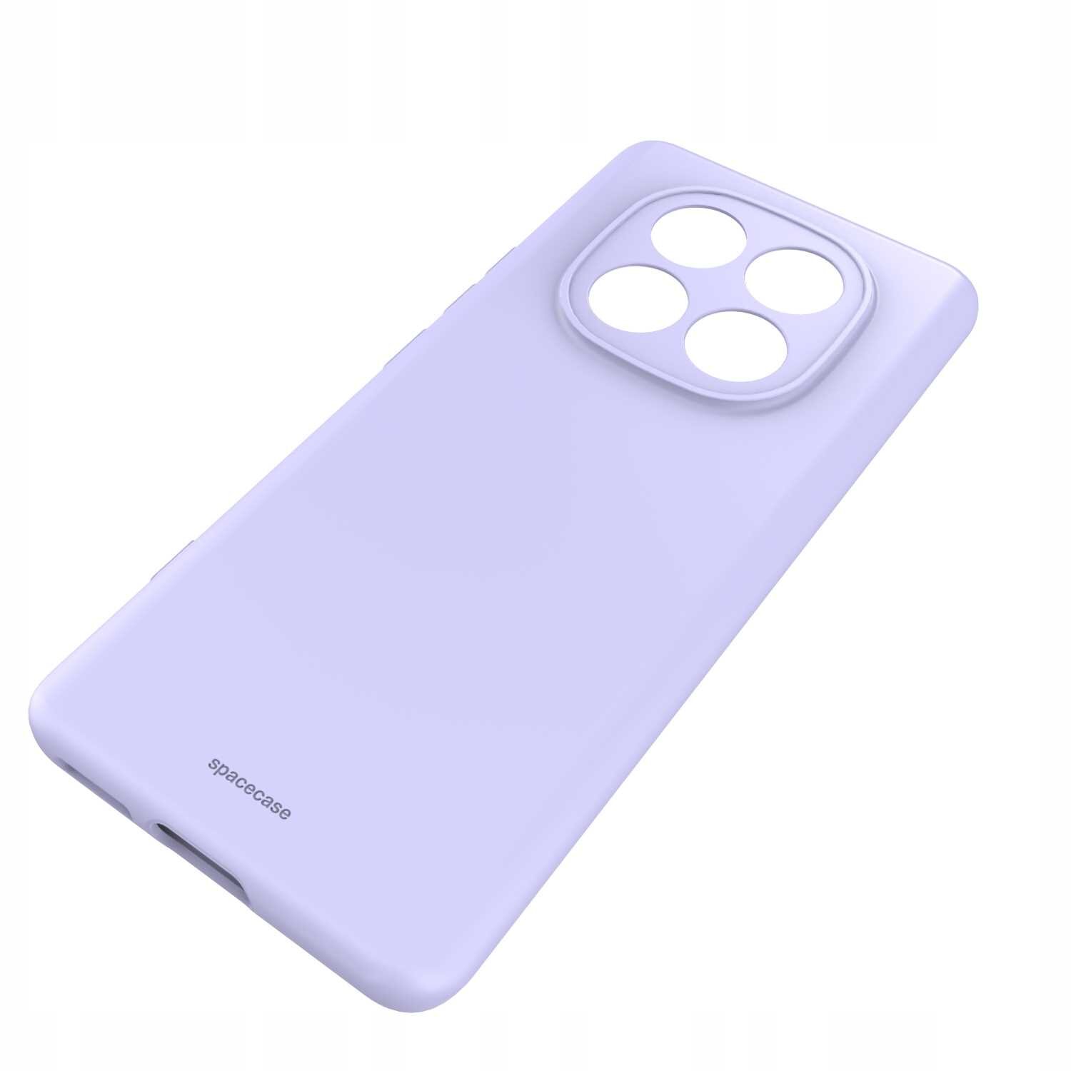 Fioletowe silikonowe etui z czterema okrągłymi otworami na aparat. Na etui widoczny jest napis \'spacecase\'.