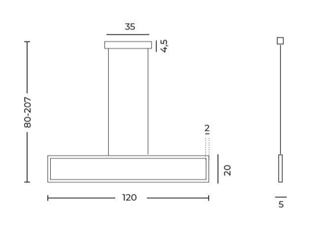 Schemat techniczny lampy wiszącej z wymiarami: szerokość 120 cm, wysokość regulowana od 80 do 207 cm, głębokość 5 cm. Dodatkowe wymiary to 35 cm szerokości elementu mocującego i 4,5 cm jego wysokości.