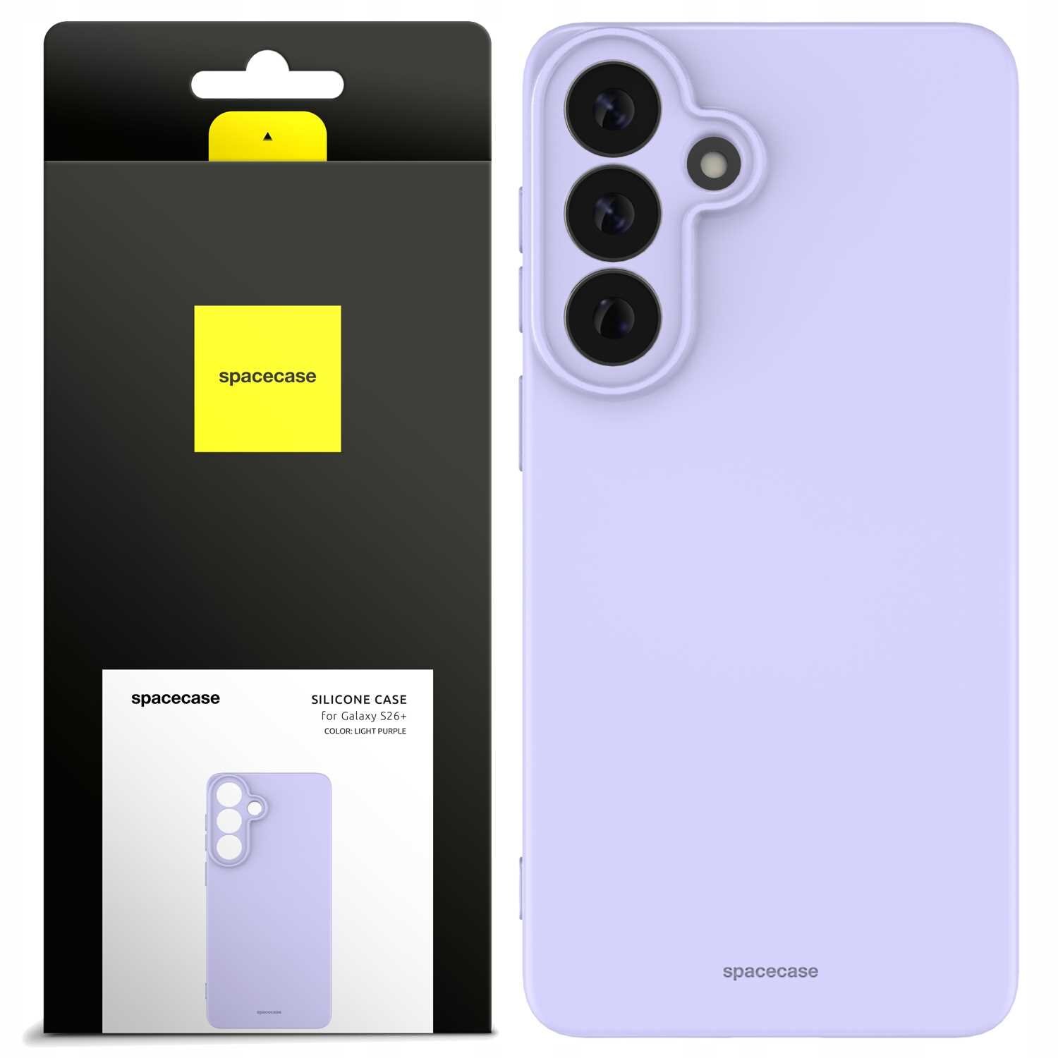 Fioletowe silikonowe etui na telefon z trzema otworami na aparaty. Opakowanie z logo \'spacecase\' i napisem \'SILICONE CASE for Galaxy S26+ COLOR: LIGHT PURPLE\'.
