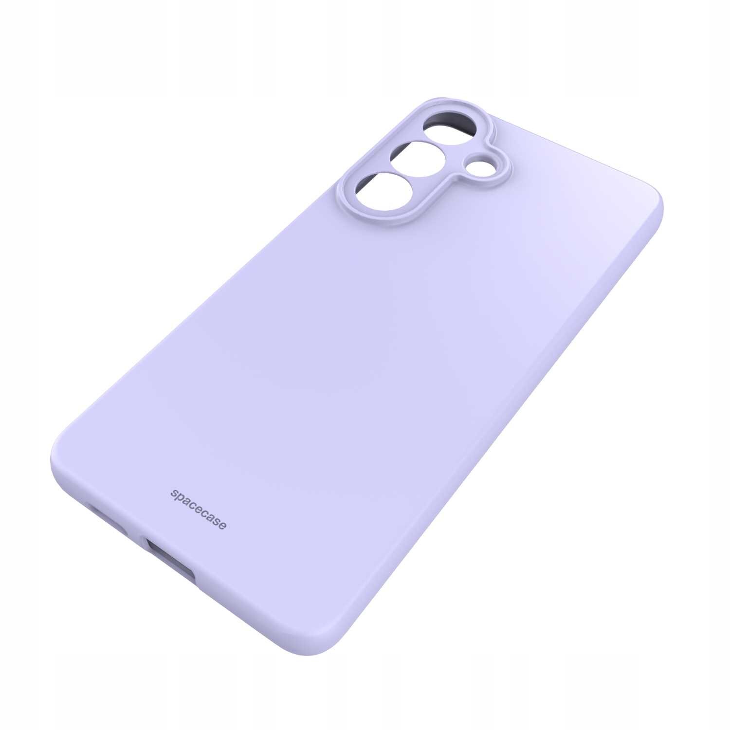 Fioletowe silikonowe etui z trzema otworami na aparat i napisem \'spacecase\' na dole. Etui ma gładką powierzchnię i zaokrąglone krawędzie.