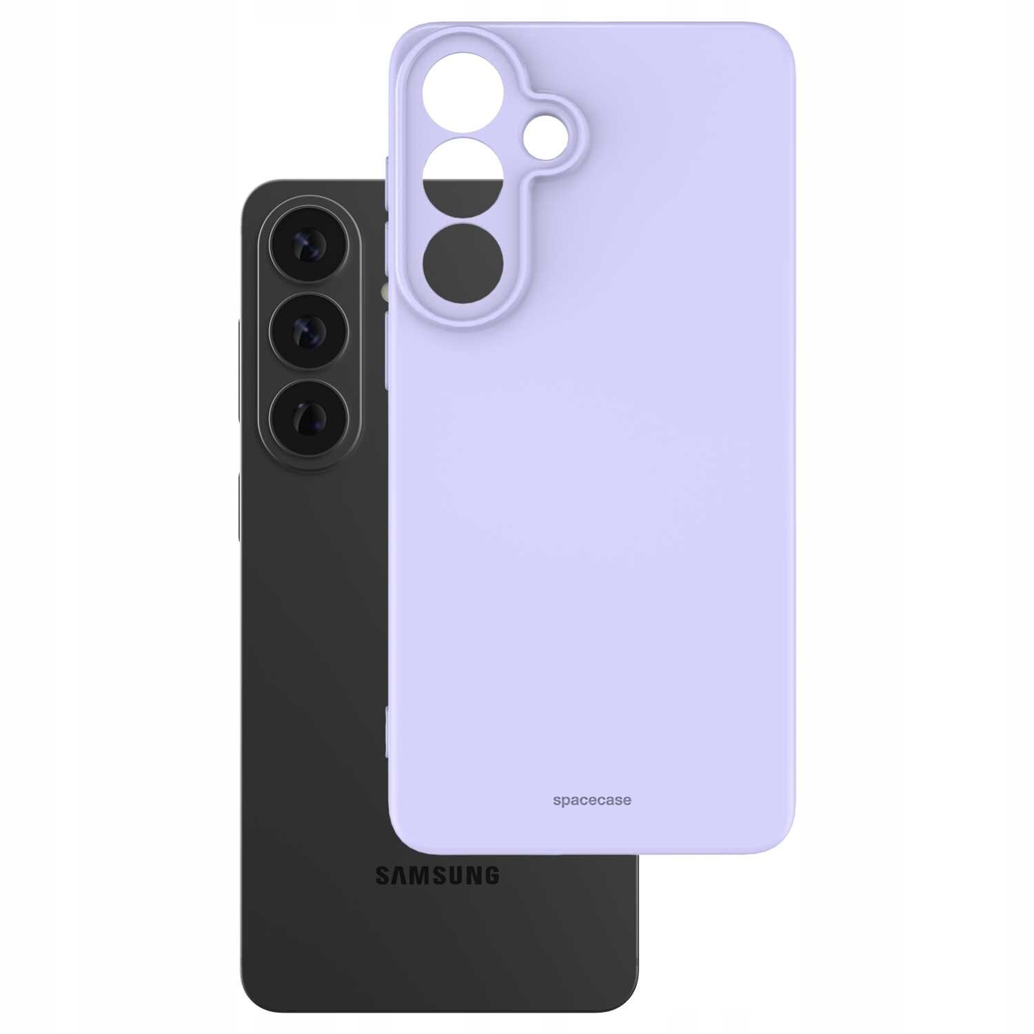 Na obrazie widoczne jest fioletowe silikonowe etui z wycięciami na aparat, obok czarnego telefonu z trzema obiektywami. Na etui znajduje się napis \'spacecase\', a na telefonie logo \'SAMSUNG\'.