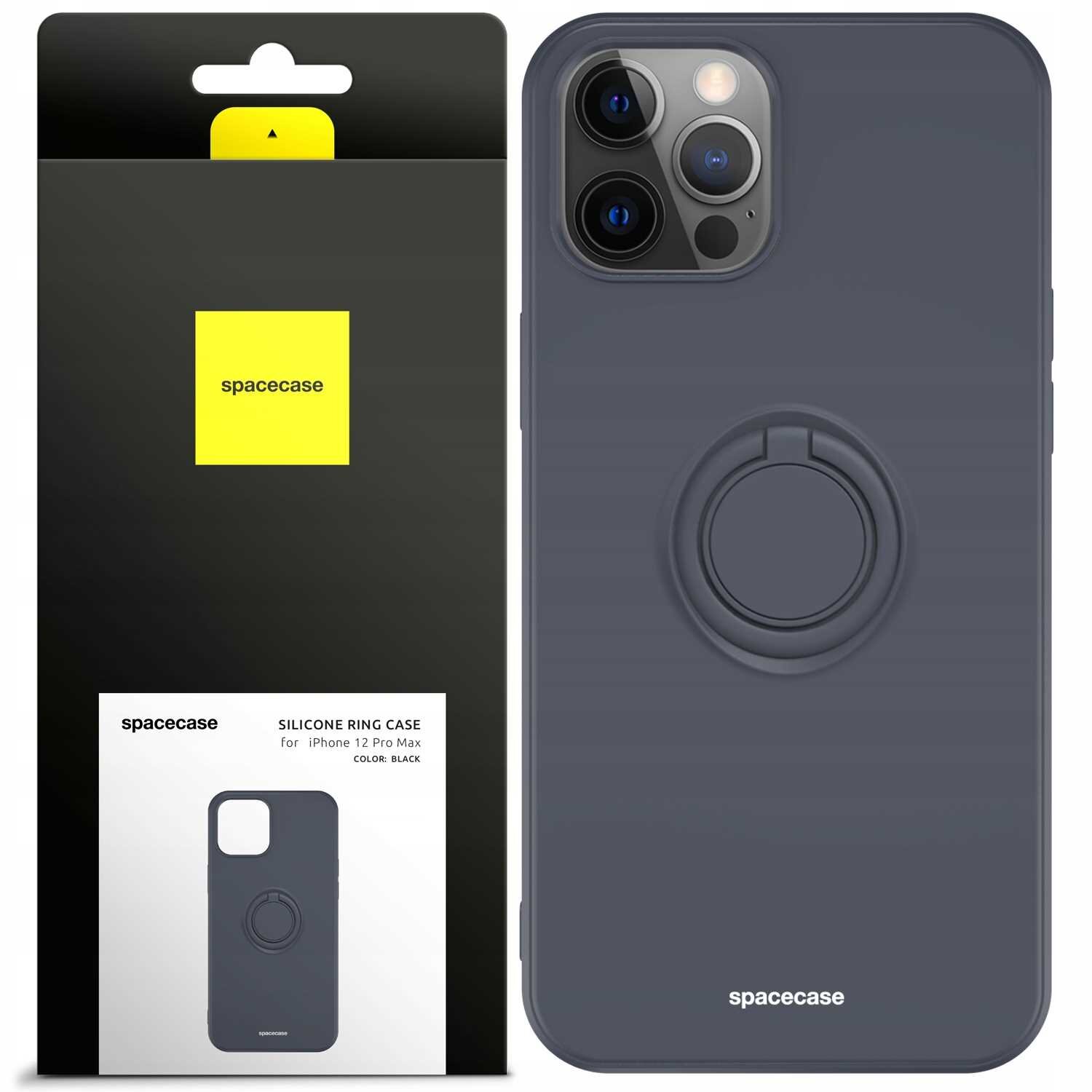 Obraz przedstawia czarne silikonowe etui z pierścieniem na iPhone 12 Pro Max oraz jego opakowanie z logo \'spacecase\'. Na opakowaniu widnieje napis: \'SILICONE RING CASE for iPhone 12 Pro Max COLOR: BLACK\'.