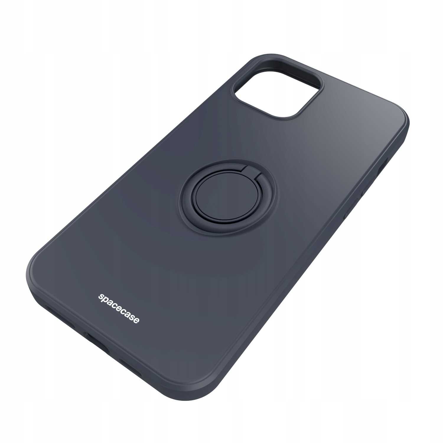 Czarne silikonowe etui z okrągłym uchwytem na tylnej stronie i wycięciem na aparat. Widoczne jest logo \'spacecase\'.