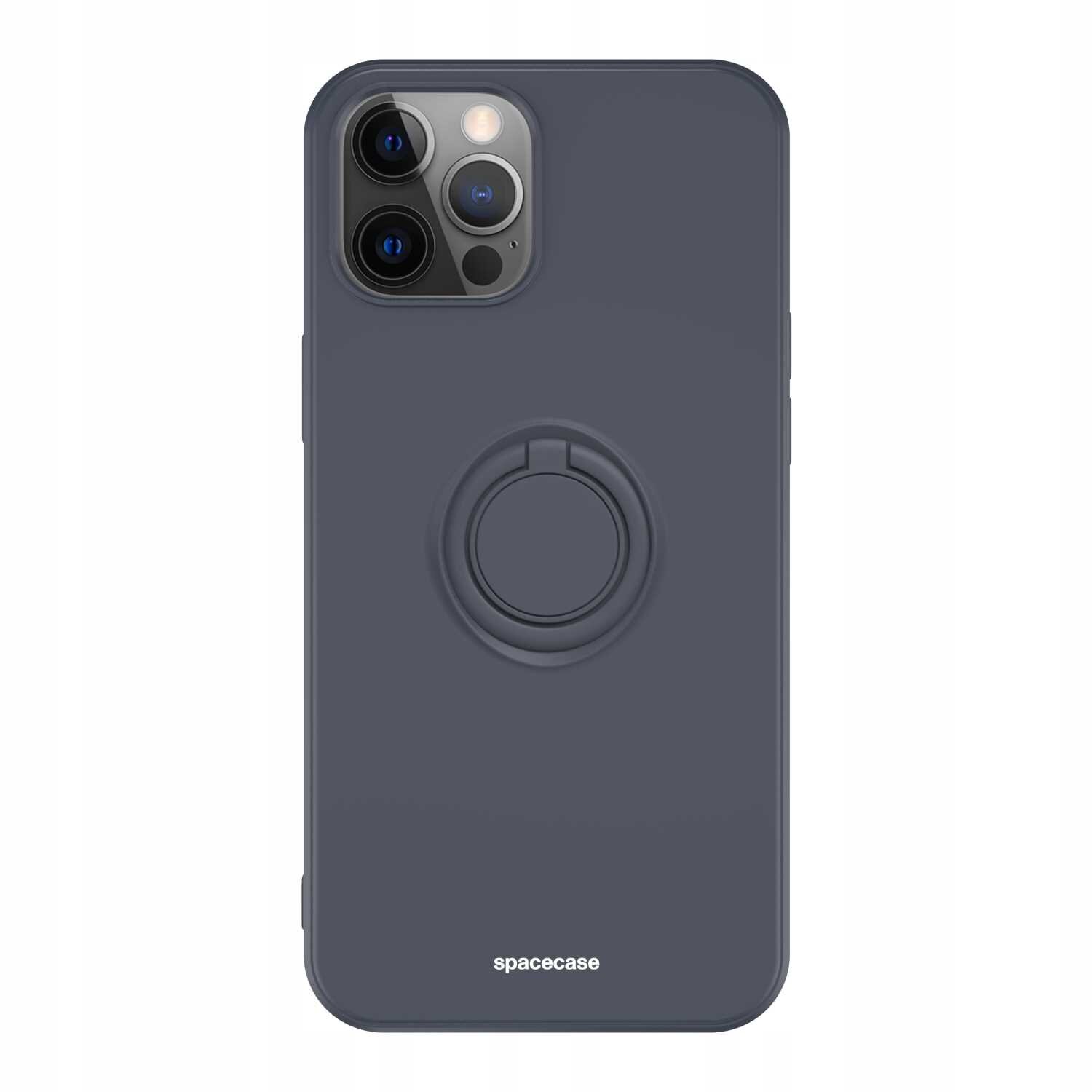 Czarne silikonowe etui z pierścieniem na tylnej stronie, przeznaczone do iPhone 12 Pro Max. Na dole widoczny jest napis \'spacecase\'.