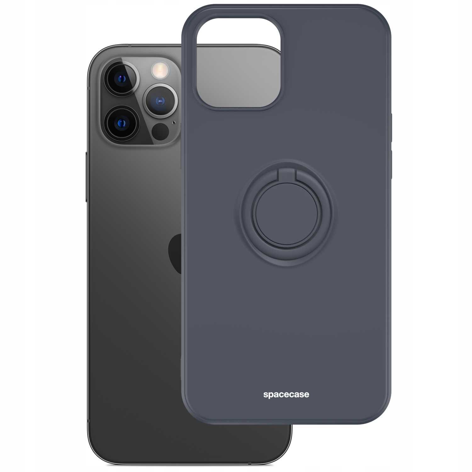 Na obrazie widoczne jest czarne silikonowe etui z pierścieniem, przeznaczone do iPhone 12 Pro Max. Na etui znajduje się napis \'spacecase\'.