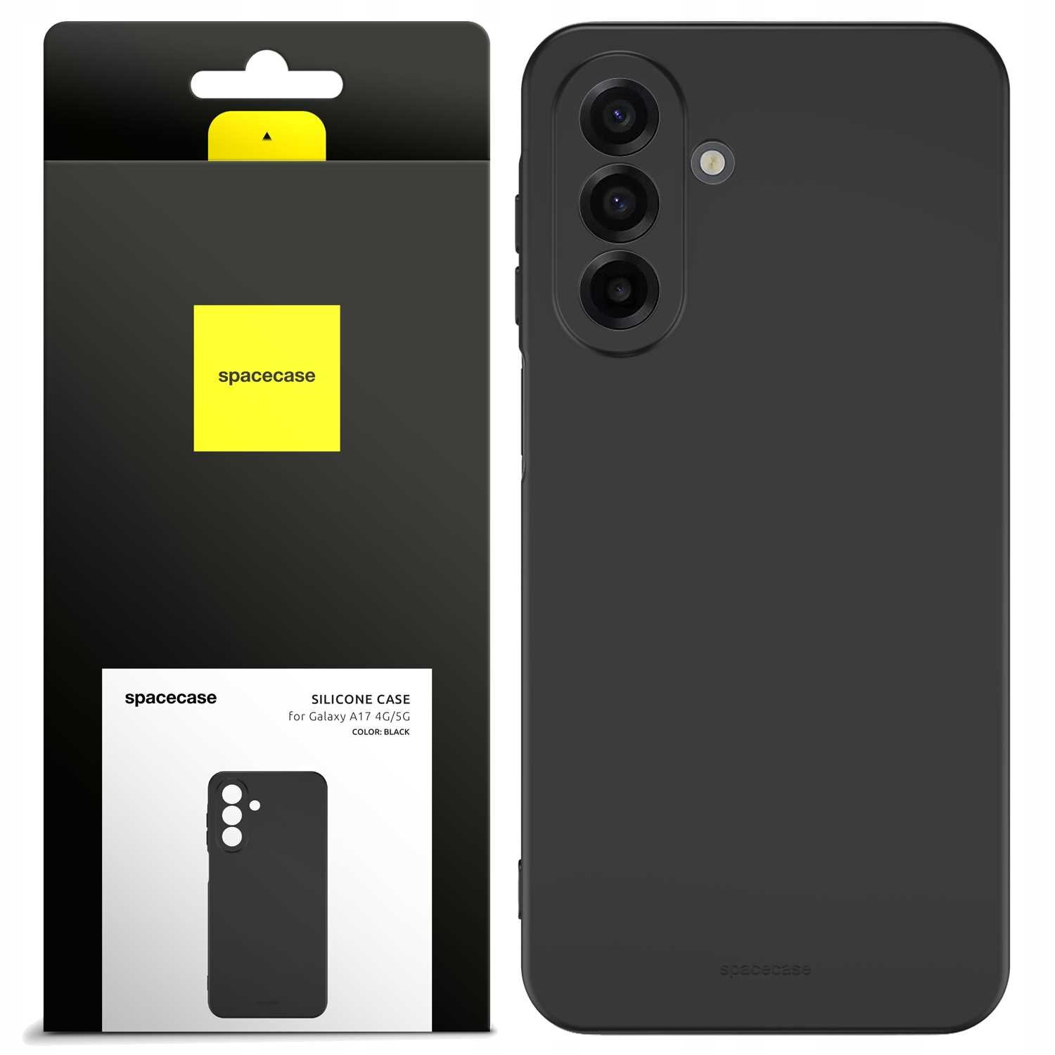 Obraz przedstawia czarne silikonowe etui na telefon z trzema otworami na aparaty. Opakowanie produktu ma czarną i żółtą kolorystykę z napisem \'spacecase\' oraz informacją \'SILICONE CASE for Galaxy A17 4G/5G COLOR: BLACK\'.
