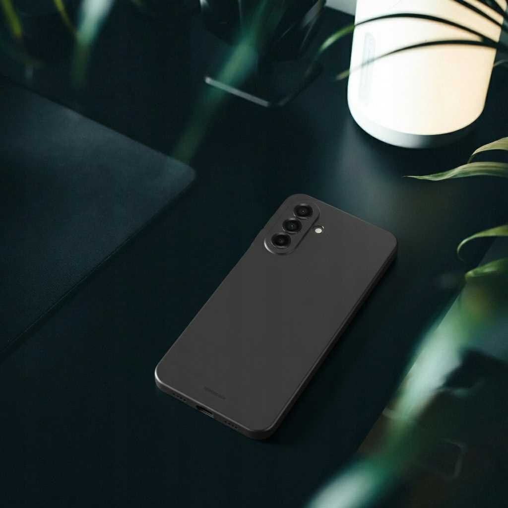 Na ciemnym stole leży czarny smartfon w silikonowym etui z trzema obiektywami aparatu. W tle widoczne są rozmyte elementy roślin i lampa.