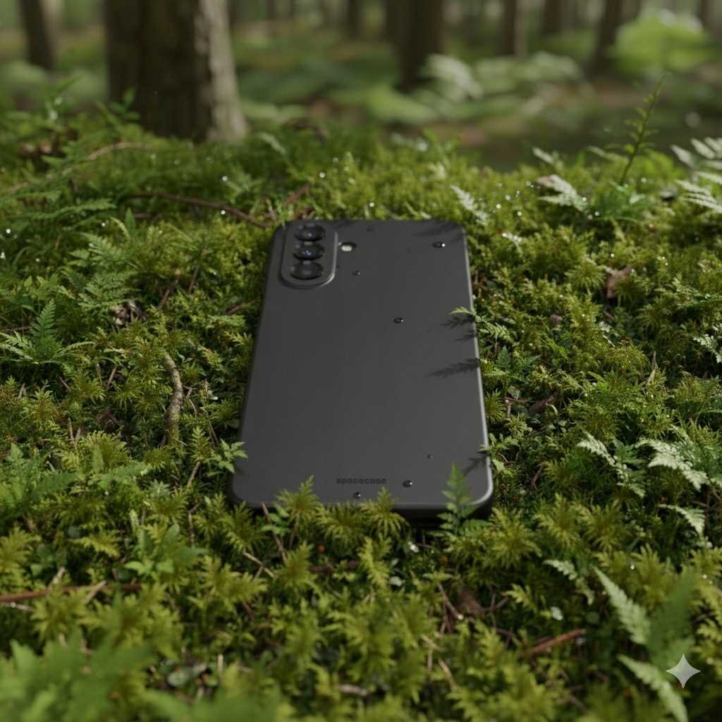 Czarne silikonowe etui na telefon leży na zielonym mchu w lesie. Na etui widoczne są krople wody oraz napis \'SPACECASE\'.