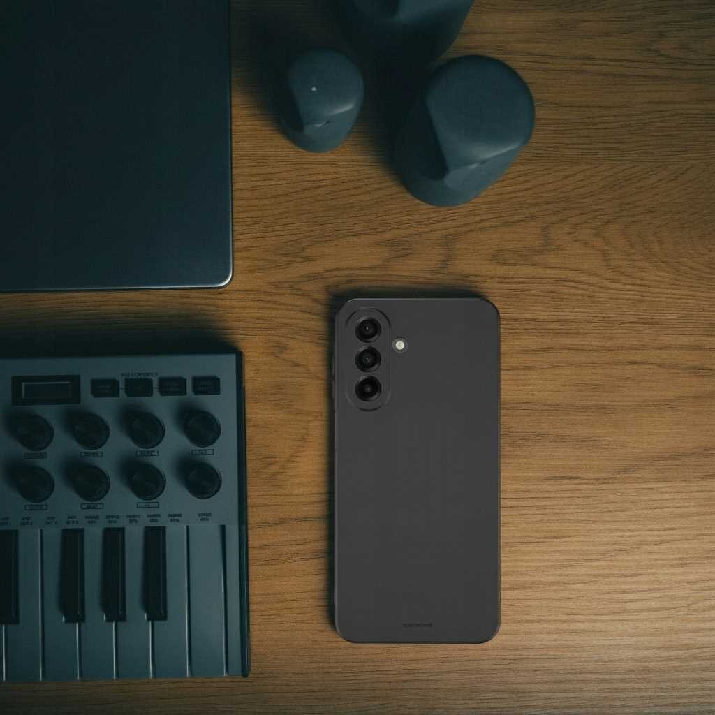 Na drewnianym blacie leży czarne etui na telefon z trzema otworami na aparaty. Obok znajduje się fragment klawiatury MIDI i laptopa.