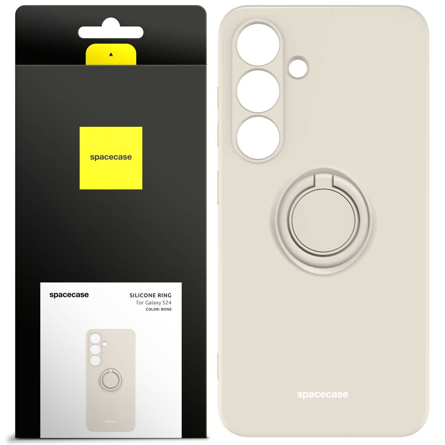 Obraz przedstawia beżowe silikonowe etui z pierścieniem na telefon Galaxy S24 oraz opakowanie z logo \'spacecase\'. Na opakowaniu widnieje napis: \'SILICONE RING for Galaxy S24 COLOR: BONE\'.
