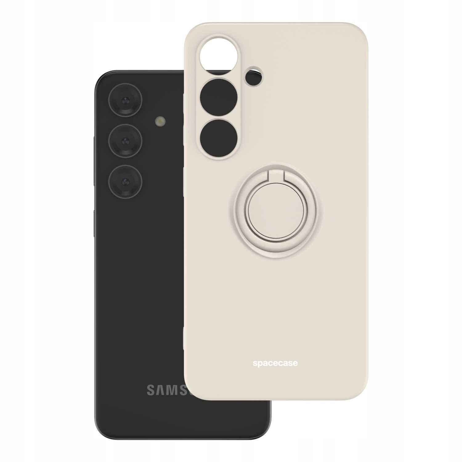 Na obrazie widoczne jest beżowe silikonowe etui z pierścieniem, przeznaczone do telefonu. W tle znajduje się czarny telefon z trzema aparatami i logo \'SAMSUNG\'.
