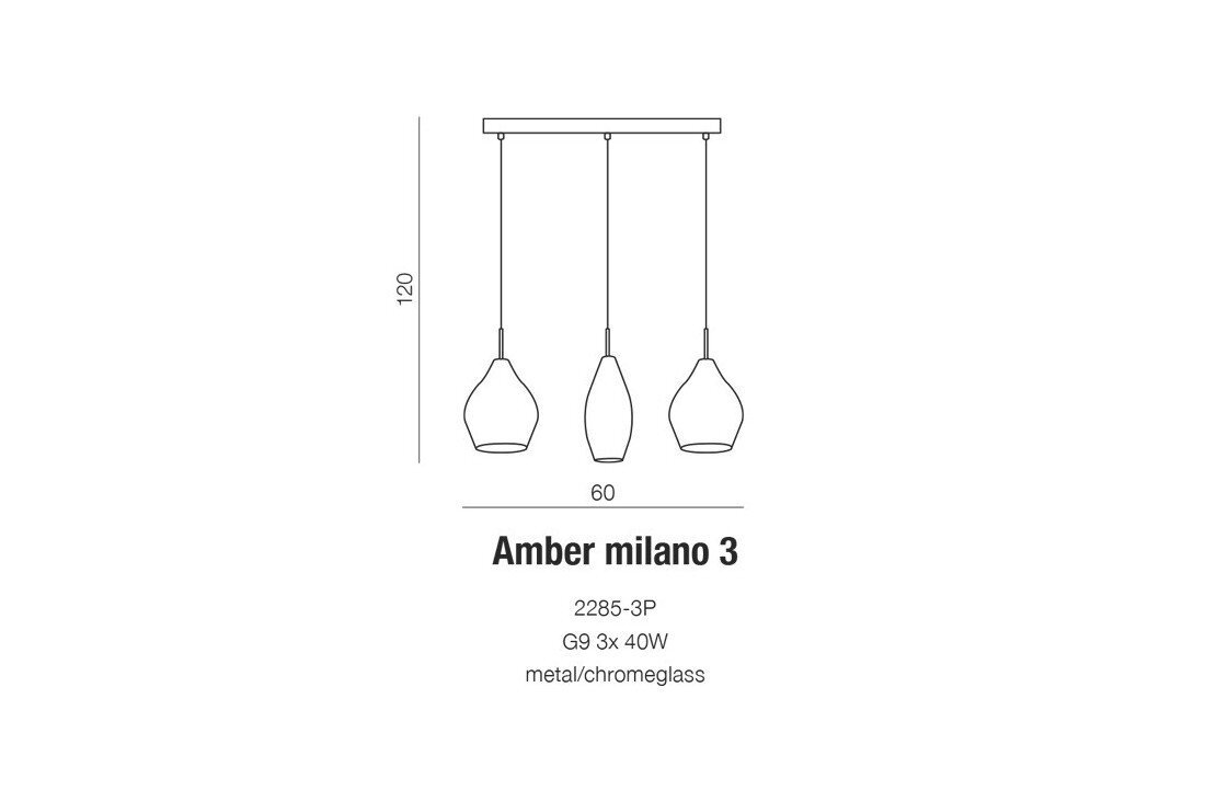 Schematyczny rysunek lampy wiszącej z trzema kloszami, z opisem: \'Amber milano 3\', \'2285-3P\', \'G9 3x 40W\', \'metal/chromeglass\'.