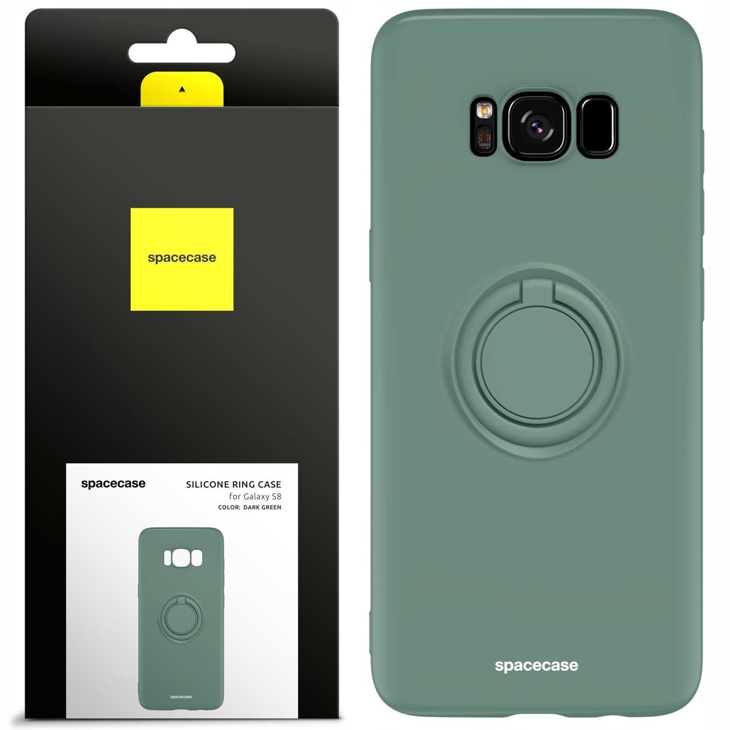 Zielone silikonowe etui z pierścieniem na tył telefonu Galaxy S8. Opakowanie z logo \'spacecase\' i napisem \'SILICONE RING CASE for Galaxy S8 COLOR: DARK GREEN\'.