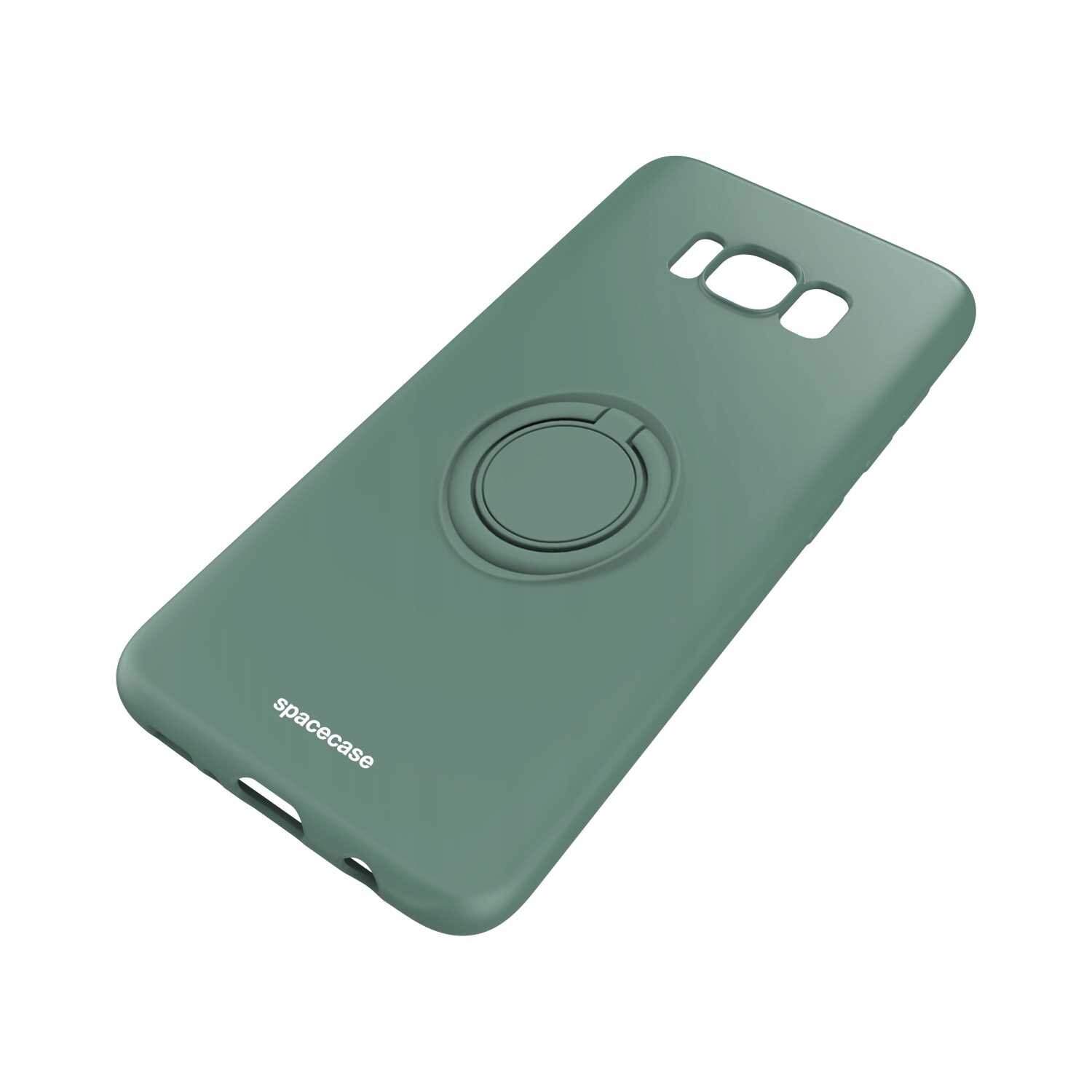 Zielone silikonowe etui z pierścieniem na tylnej stronie, przeznaczone do Galaxy S8. Na etui widoczne jest logo \'spacecase\'.