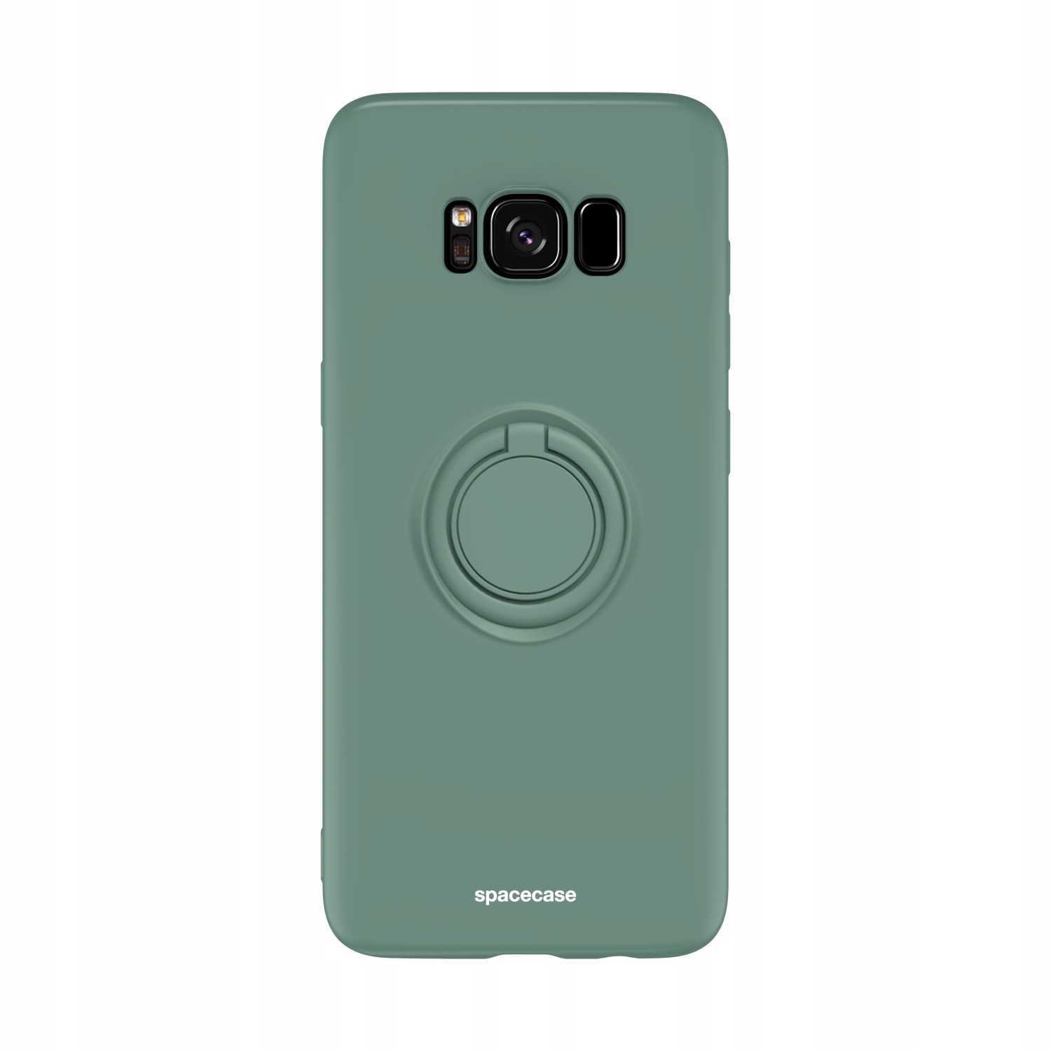 Zielone silikonowe etui z pierścieniem na tylnej stronie, przeznaczone do telefonu Galaxy S8. Na dole widoczny jest napis \'spacecase\'.