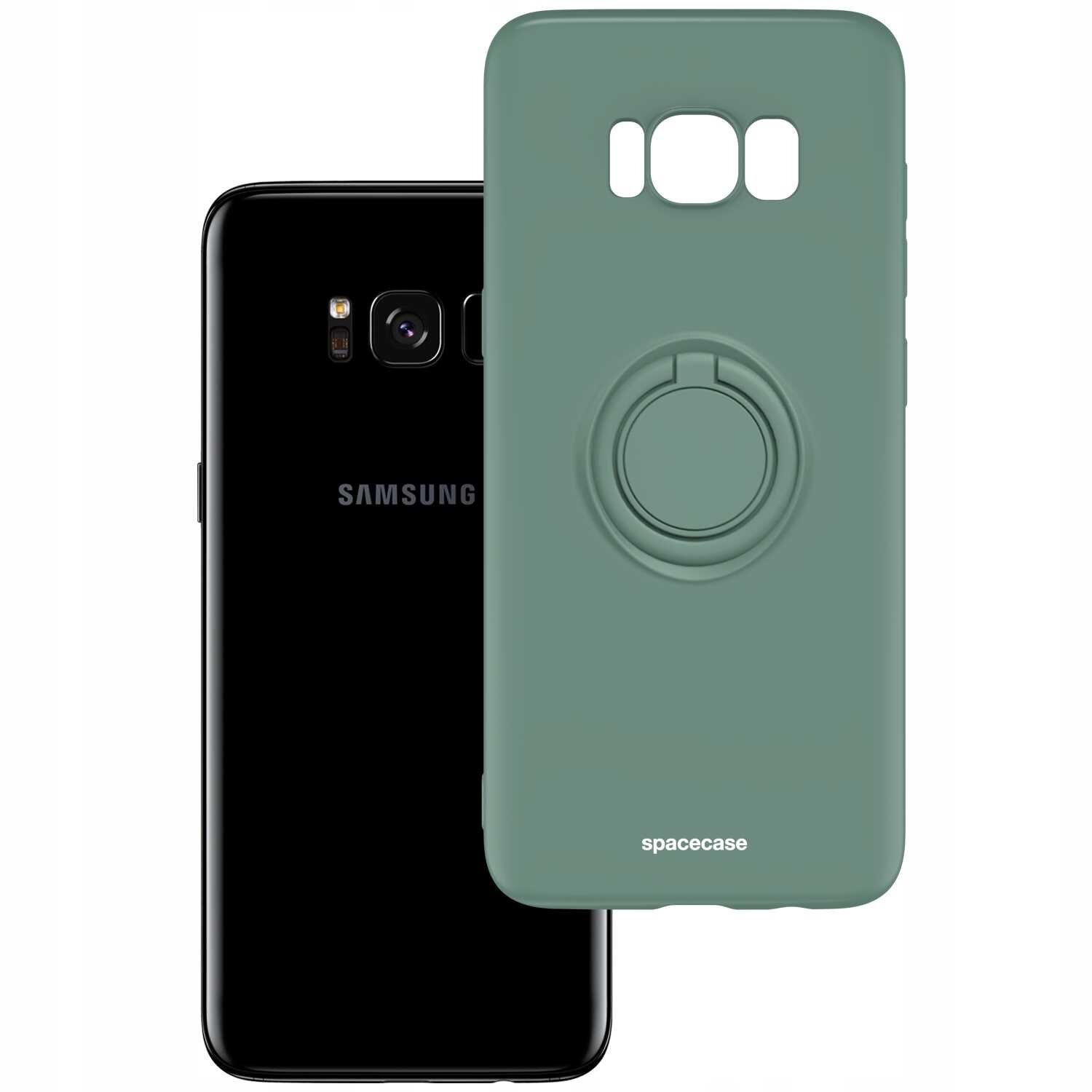 Obraz przedstawia zielone silikonowe etui z pierścieniem, obok czarnego smartfona z widocznym logo \'Samsung\'. Na etui widoczny jest napis \'spacecase\'.