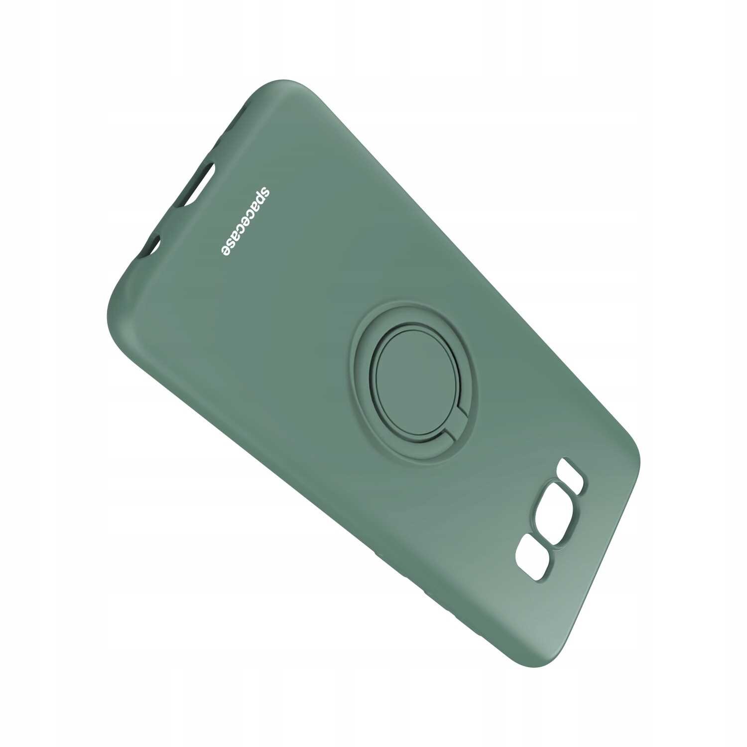 Zielone silikonowe etui z napisem \'spacecase\' i wbudowanym pierścieniem na tylnej części. Etui posiada wycięcia na aparat i przyciski.