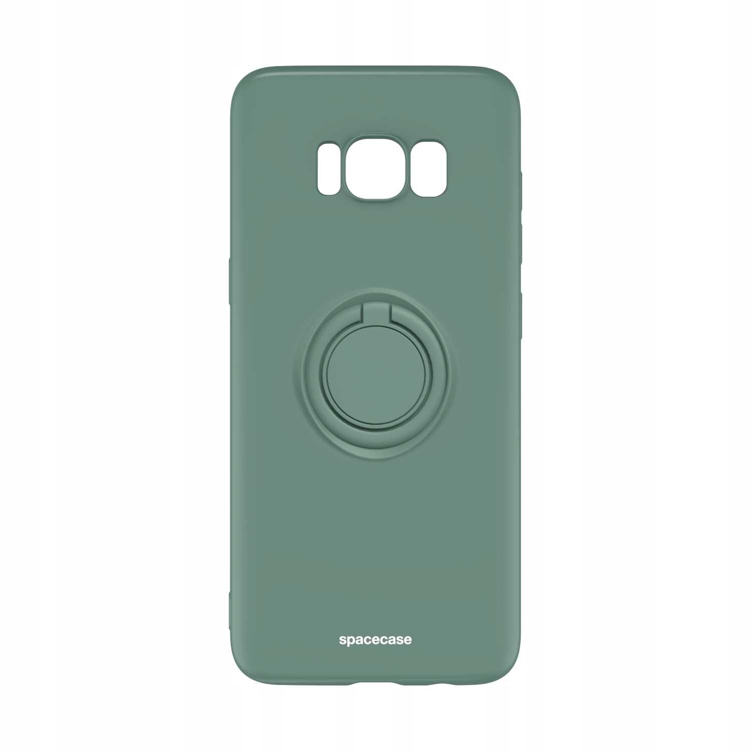 Zielone silikonowe etui z pierścieniem na tylnej stronie, przeznaczone do Galaxy S8. Na dole widoczny jest napis \'spacecase\'.