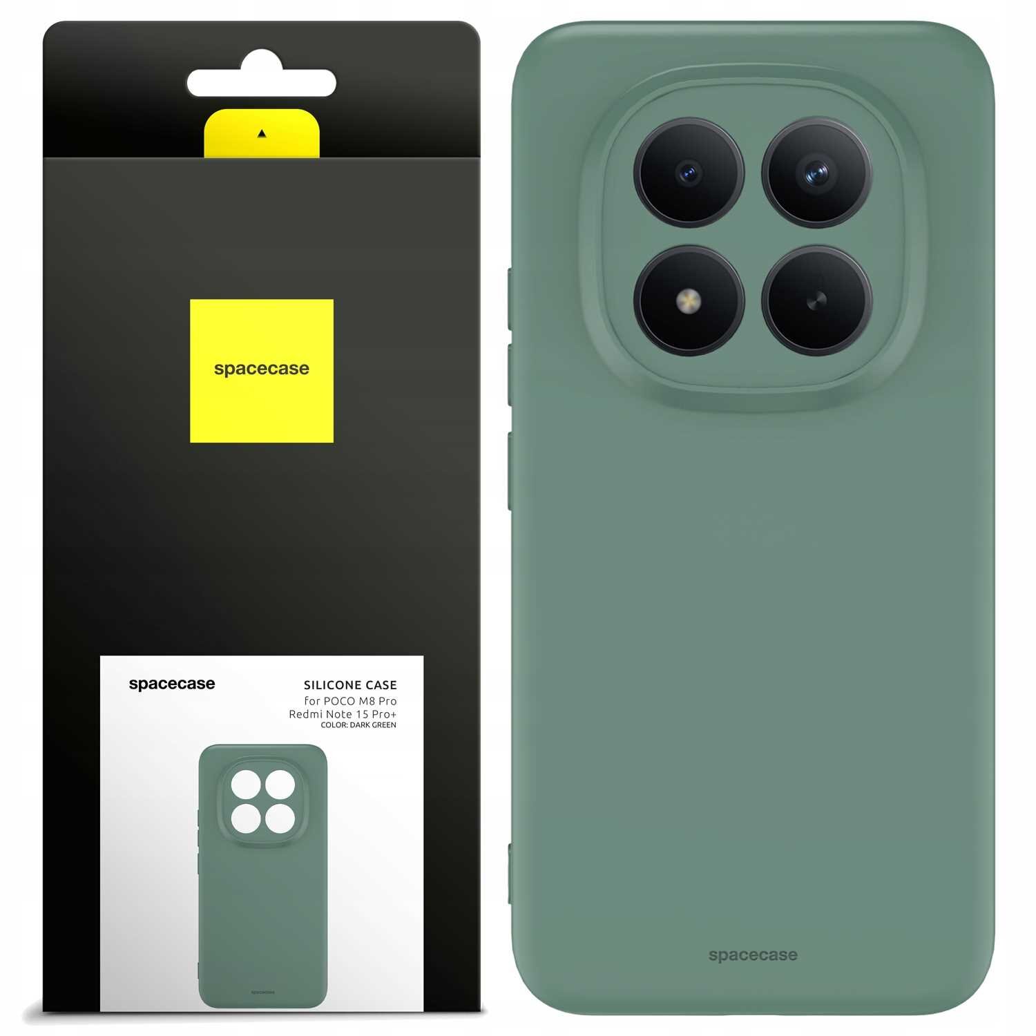 Zielone silikonowe etui z czterema okrągłymi wycięciami na aparat. Opakowanie z logo \'spacecase\' i napisem \'SILICONE CASE for POCO M8 Pro Redmi Note 15 Pro+ COLOR: DARK GREEN\'.