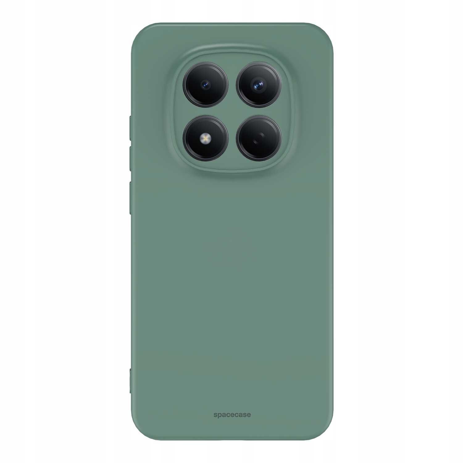 Zielone silikonowe etui z czterema okrągłymi wycięciami na aparaty fotograficzne. Na dole widoczny jest napis \'spacecase\'.