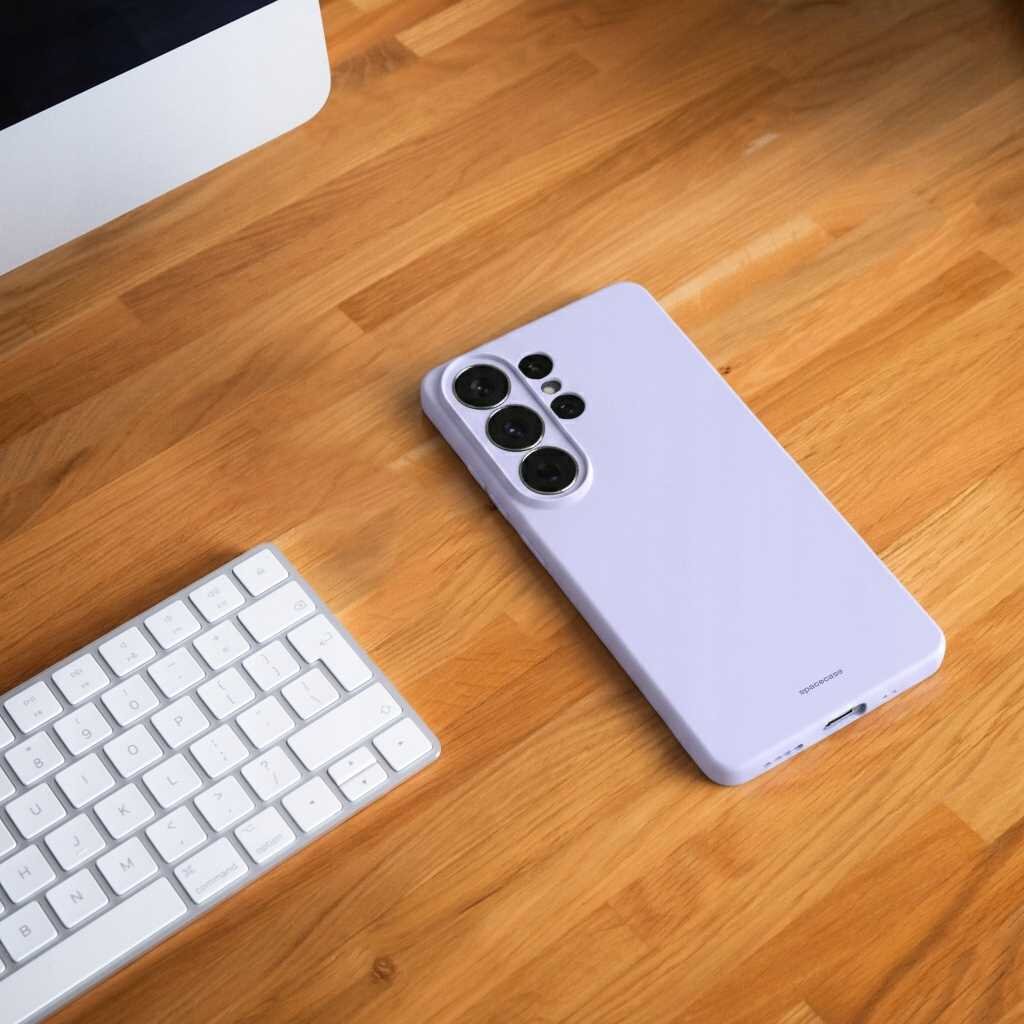 Na drewnianym blacie leży fioletowe silikonowe etui na telefon z widocznymi wycięciami na aparaty. Obok znajduje się biała klawiatura i fragment monitora.