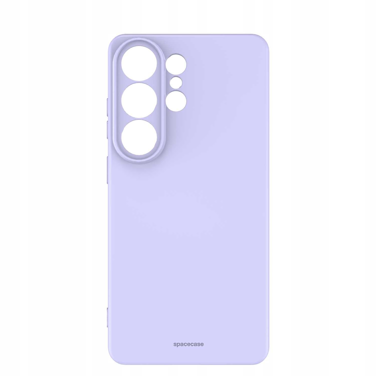 Fioletowe silikonowe etui z wycięciami na aparat i przyciski, z napisem \'spacecase\' na dole.