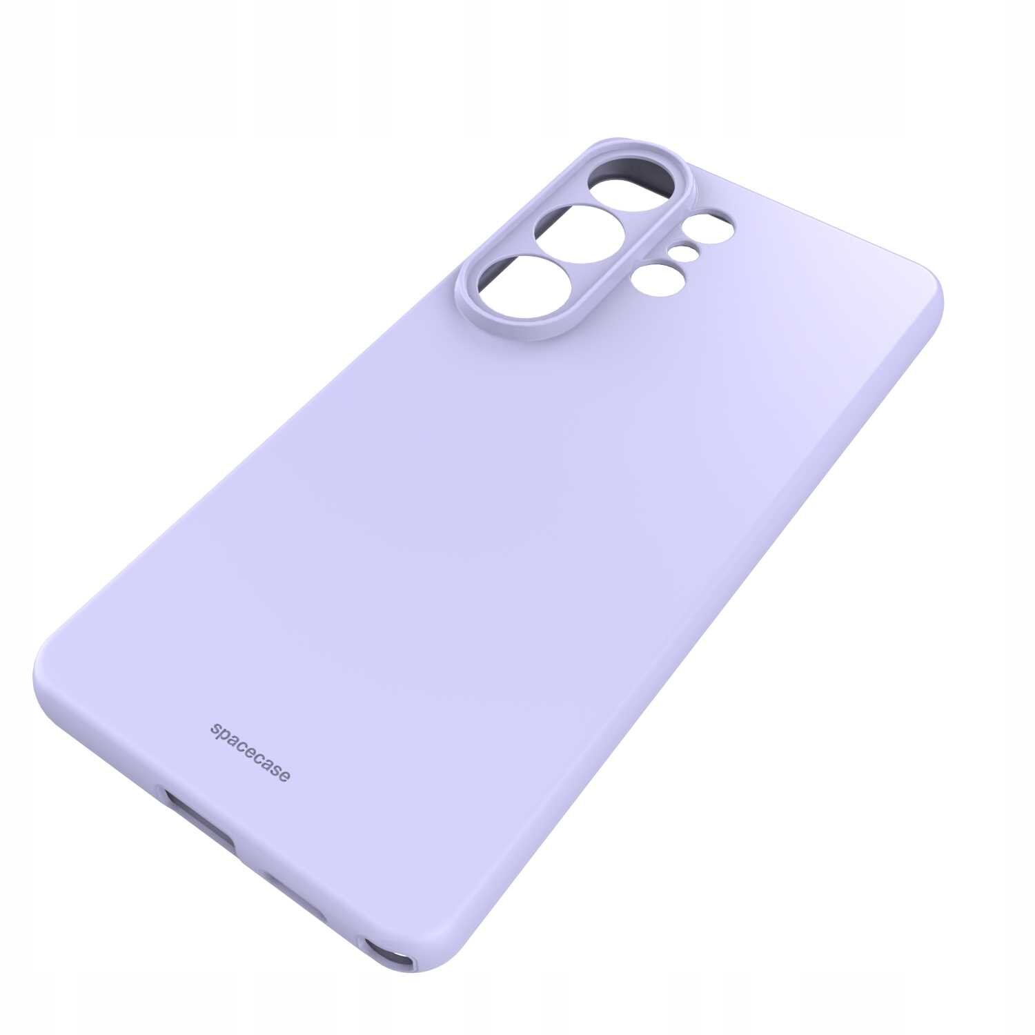 Fioletowe silikonowe etui z wycięciami na aparat i logo \'spacecase\' na dole.