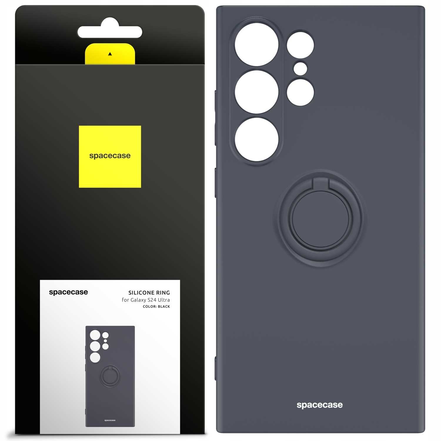Obraz przedstawia czarne silikonowe etui z pierścieniem na Galaxy S24 Ultra oraz jego opakowanie z logo \'spacecase\'. Na opakowaniu widnieje napis: \'SILICONE RING for Galaxy S24 ultra COLOR: BLACK\'.